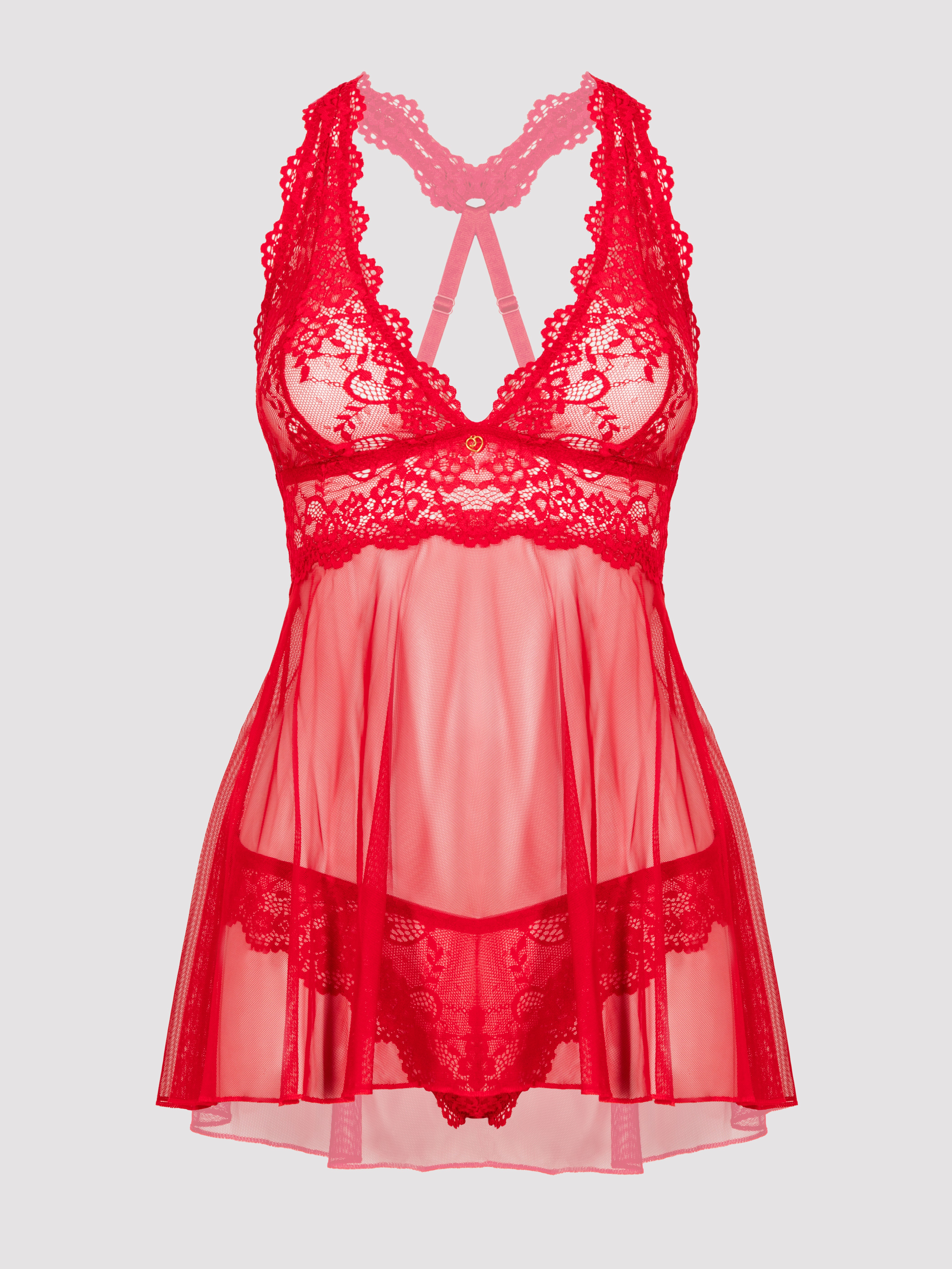 Lovehoney Bombshell Black Lace Babydoll Set , Red, hi-res
