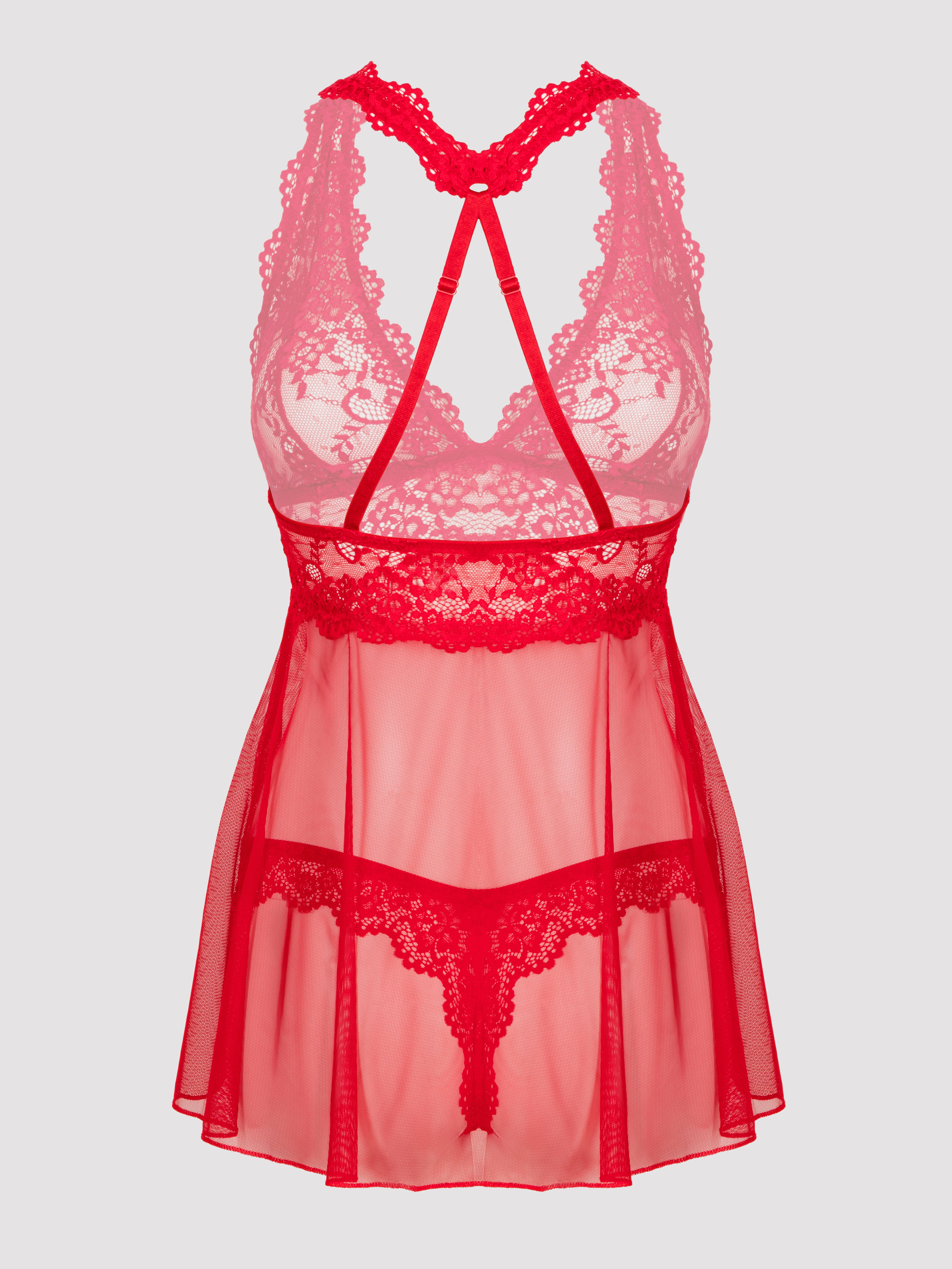 Lovehoney Bombshell Black Lace Babydoll Set , Red, hi-res