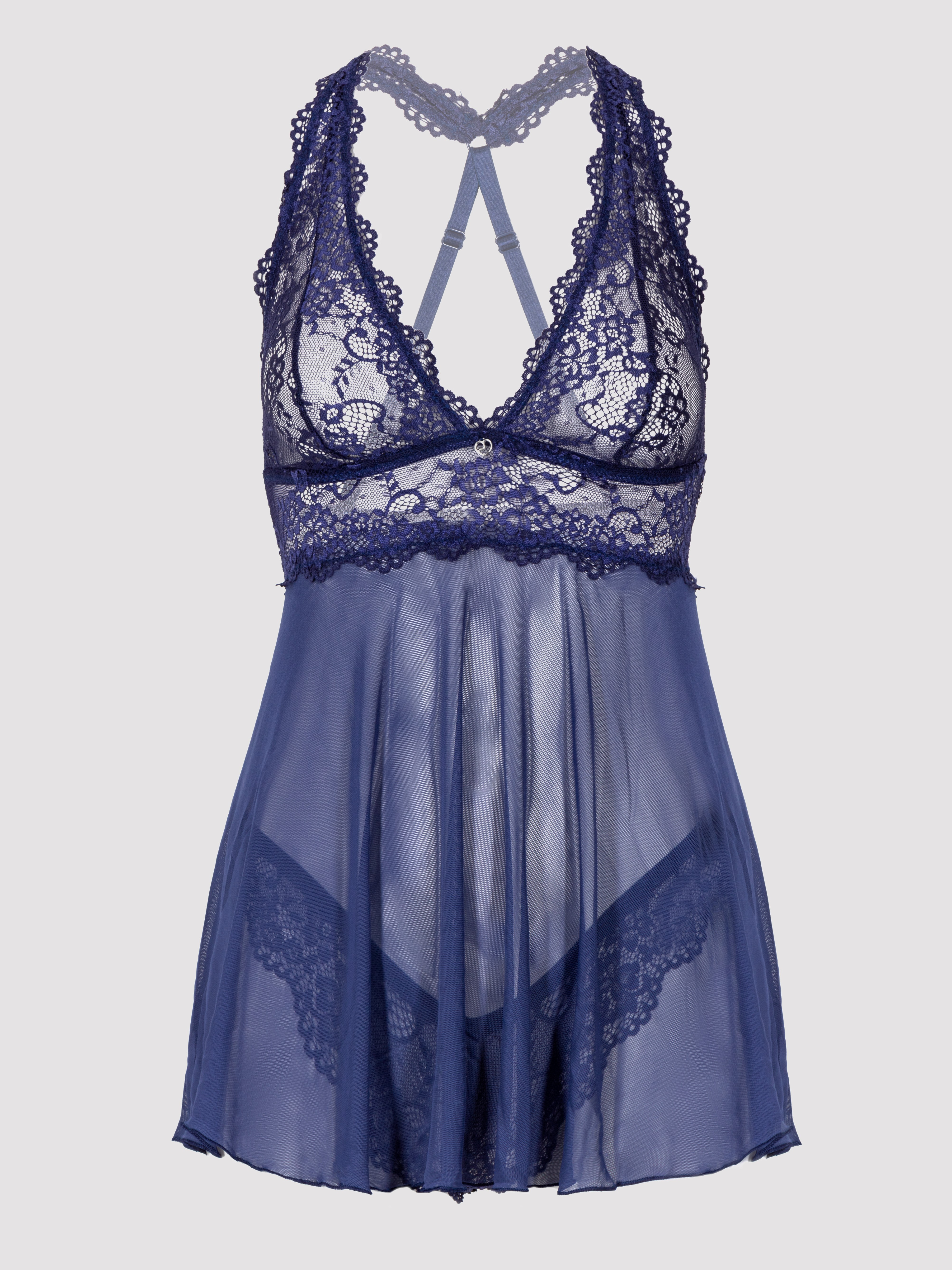 Lovehoney Bombshell Black Lace Babydoll Set , Blue, hi-res