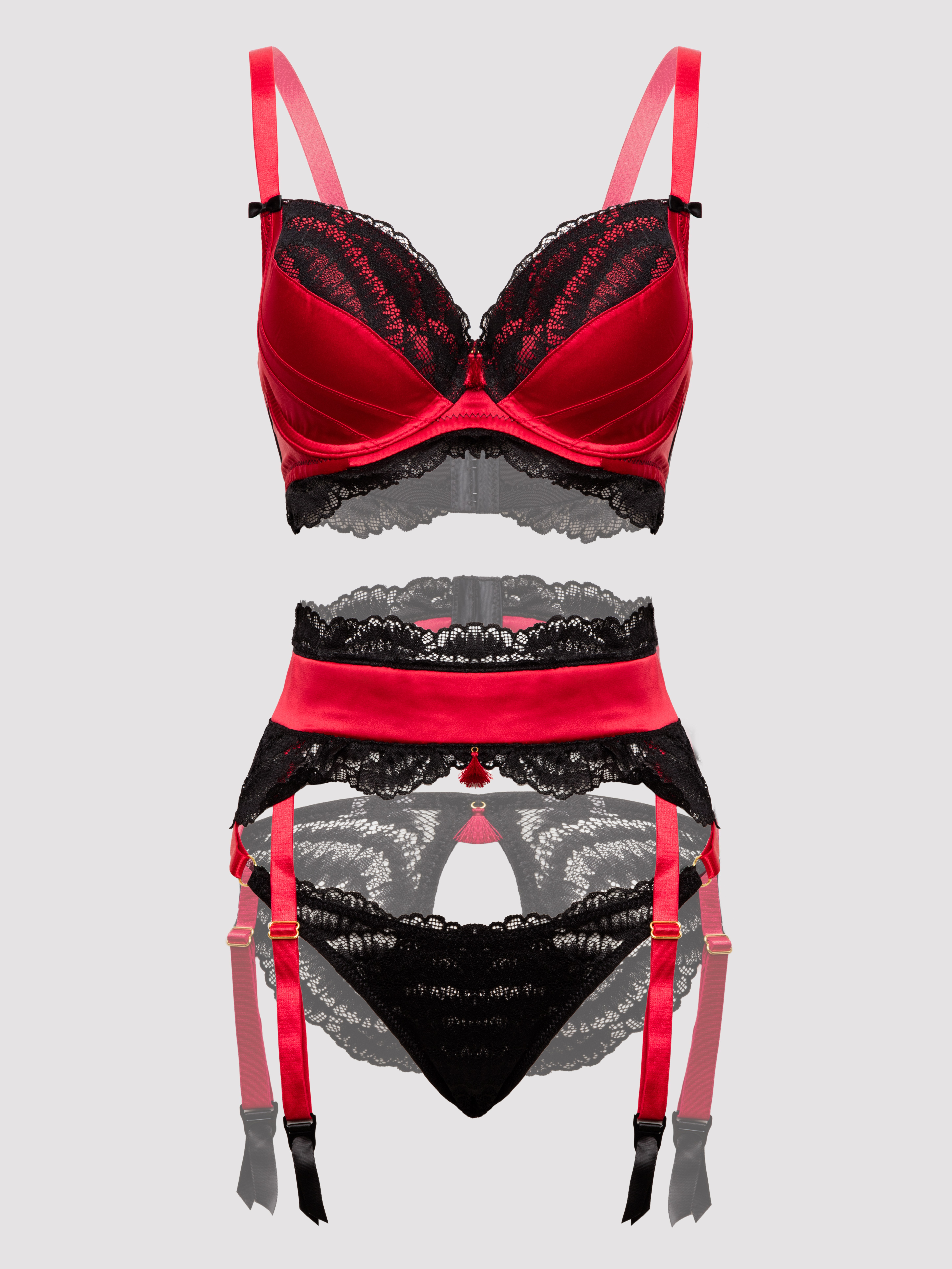 Lovehoney Empress Red Satin and Lace Bra Set, Red, hi-res