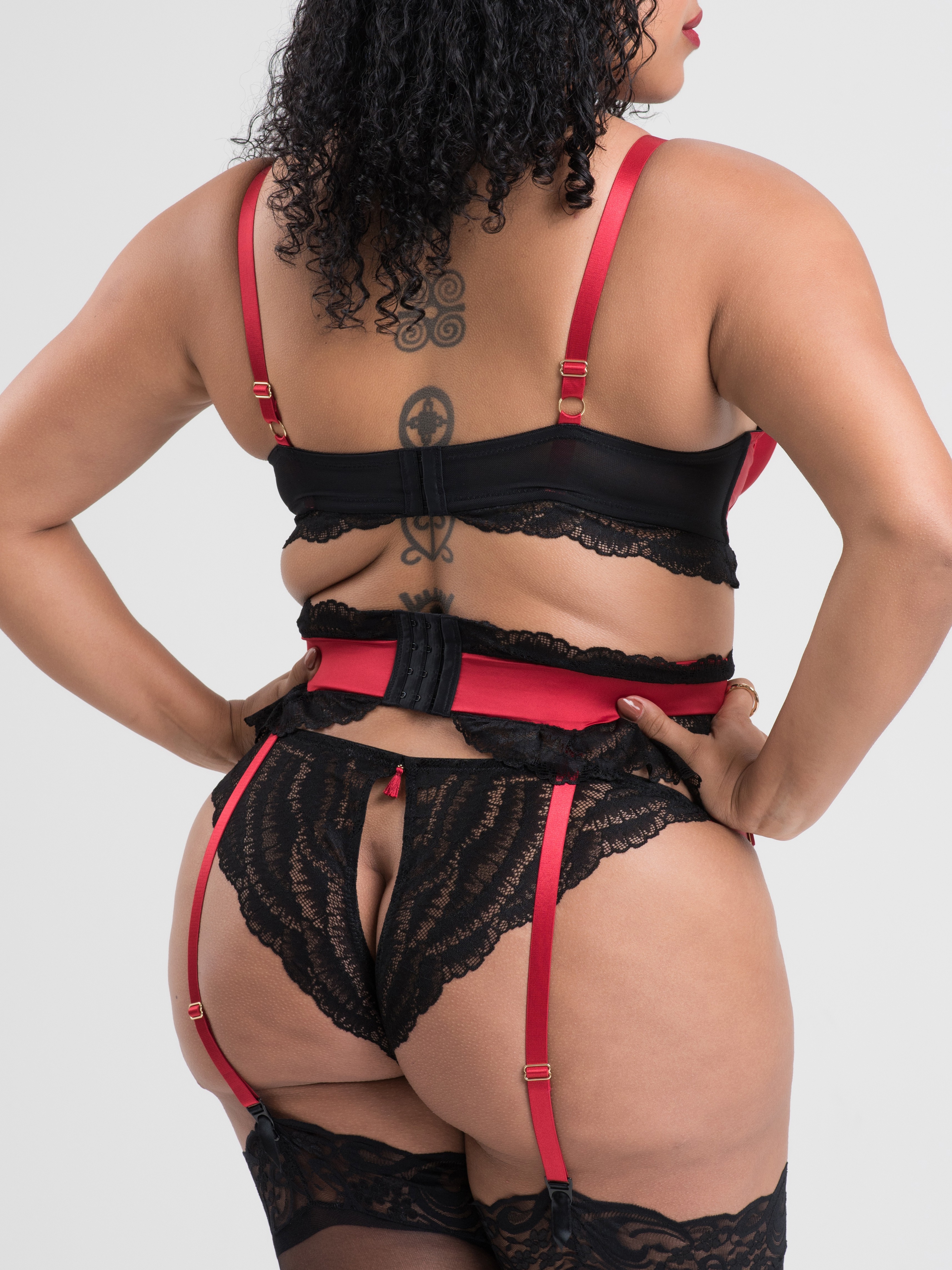 Lovehoney Plus Size Empress Red Satin and Lace Bra Set, Red, hi-res