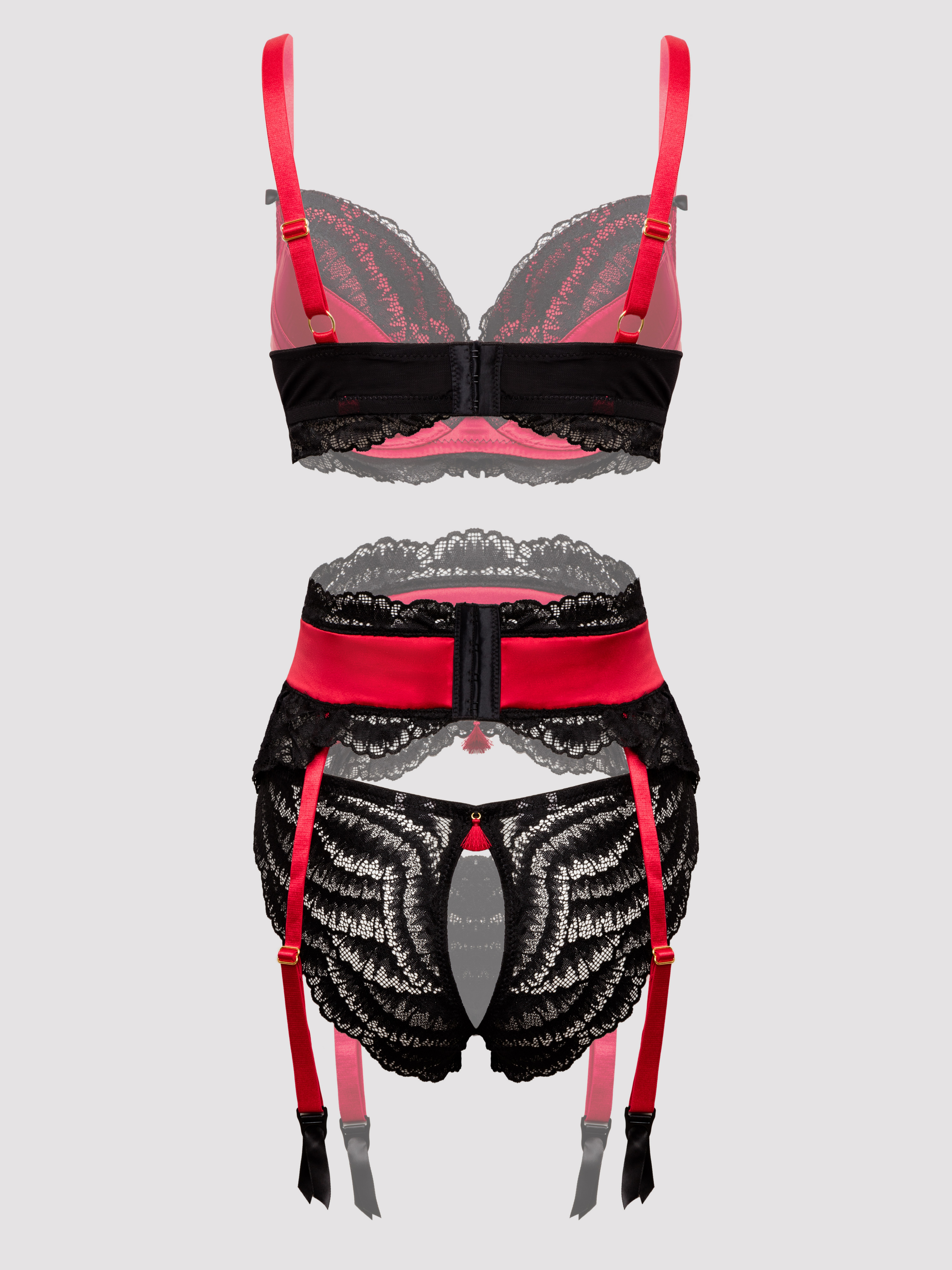 Lovehoney Plus Size Empress Red Satin and Lace Bra Set, Red, hi-res