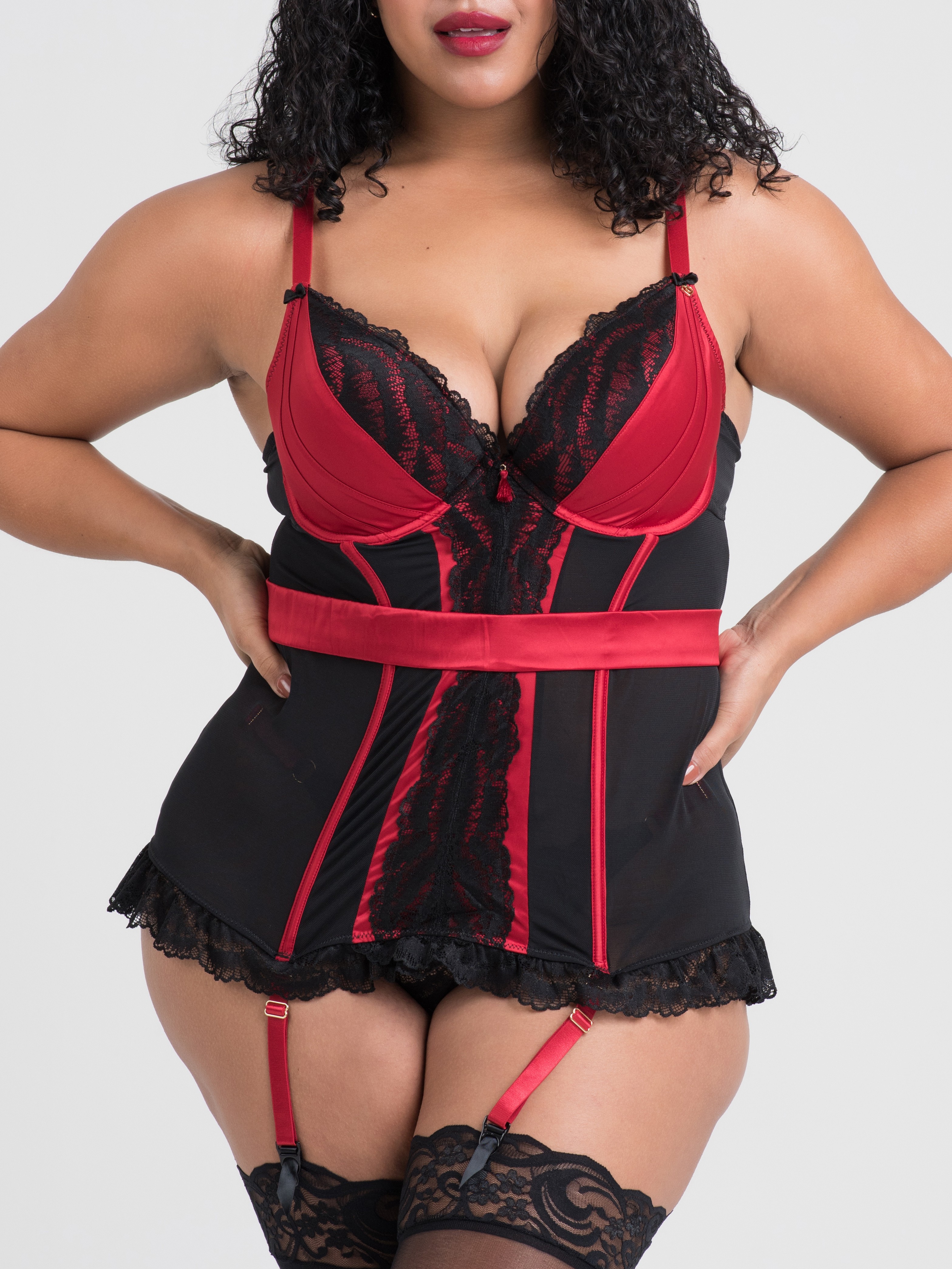 Lovehoney Lingerie Unisex Red Lovehoney Plus Size Empress Satin And Lace Basque Set - 3X / 4X