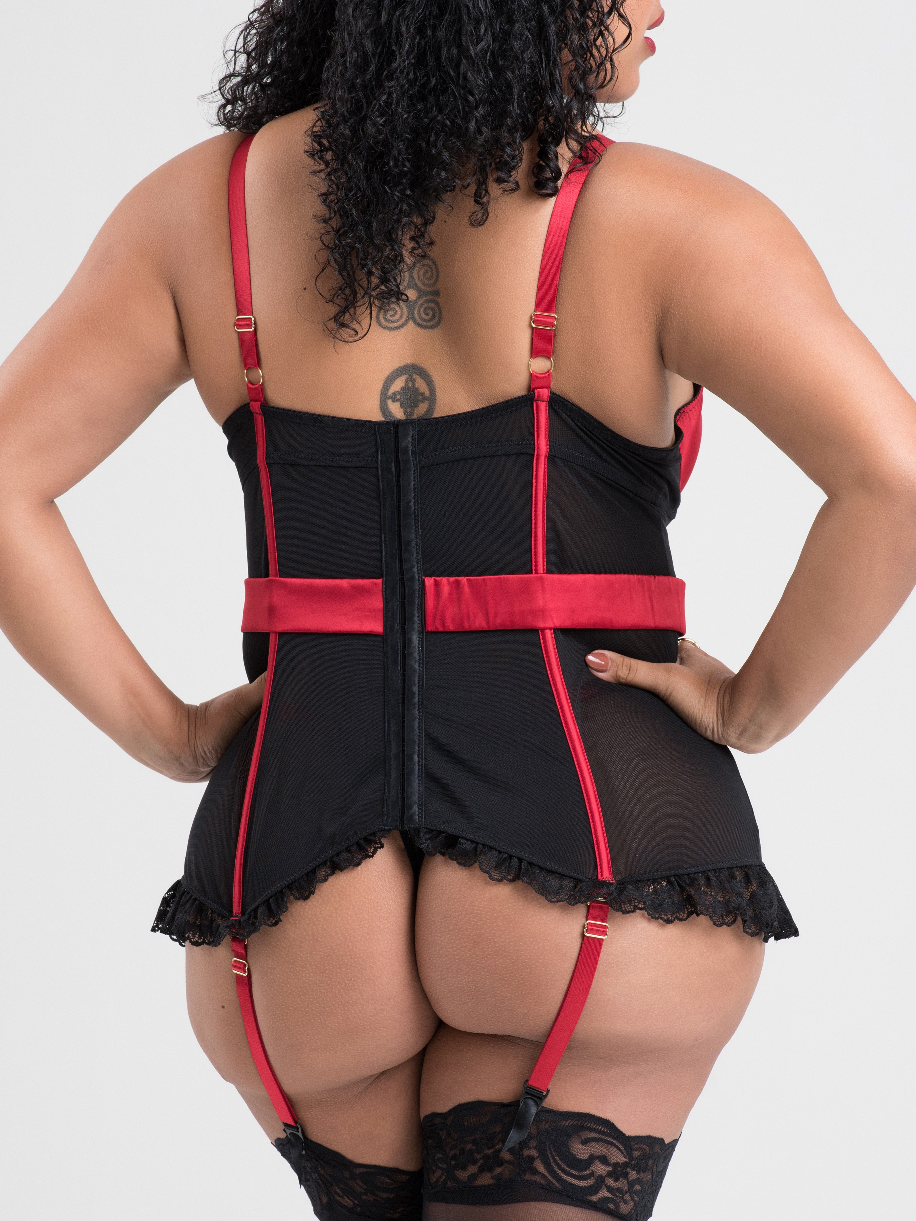 Lovehoney Empress Red Satin and Lace Basque Set, Red, hi-res