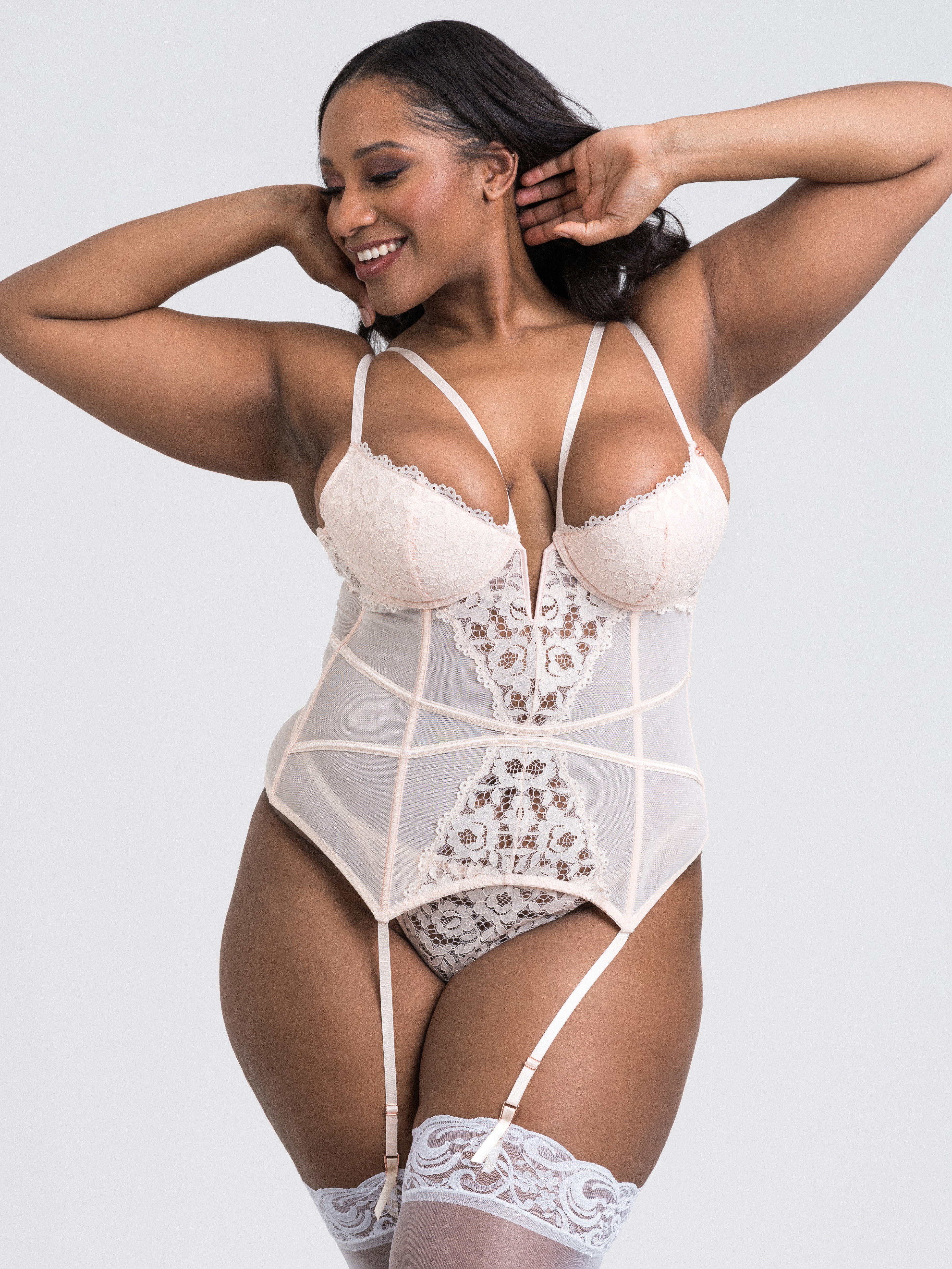 Lovehoney Parisienne Ivory Blush Lace Plunge Basque Set, Pink, hi-res