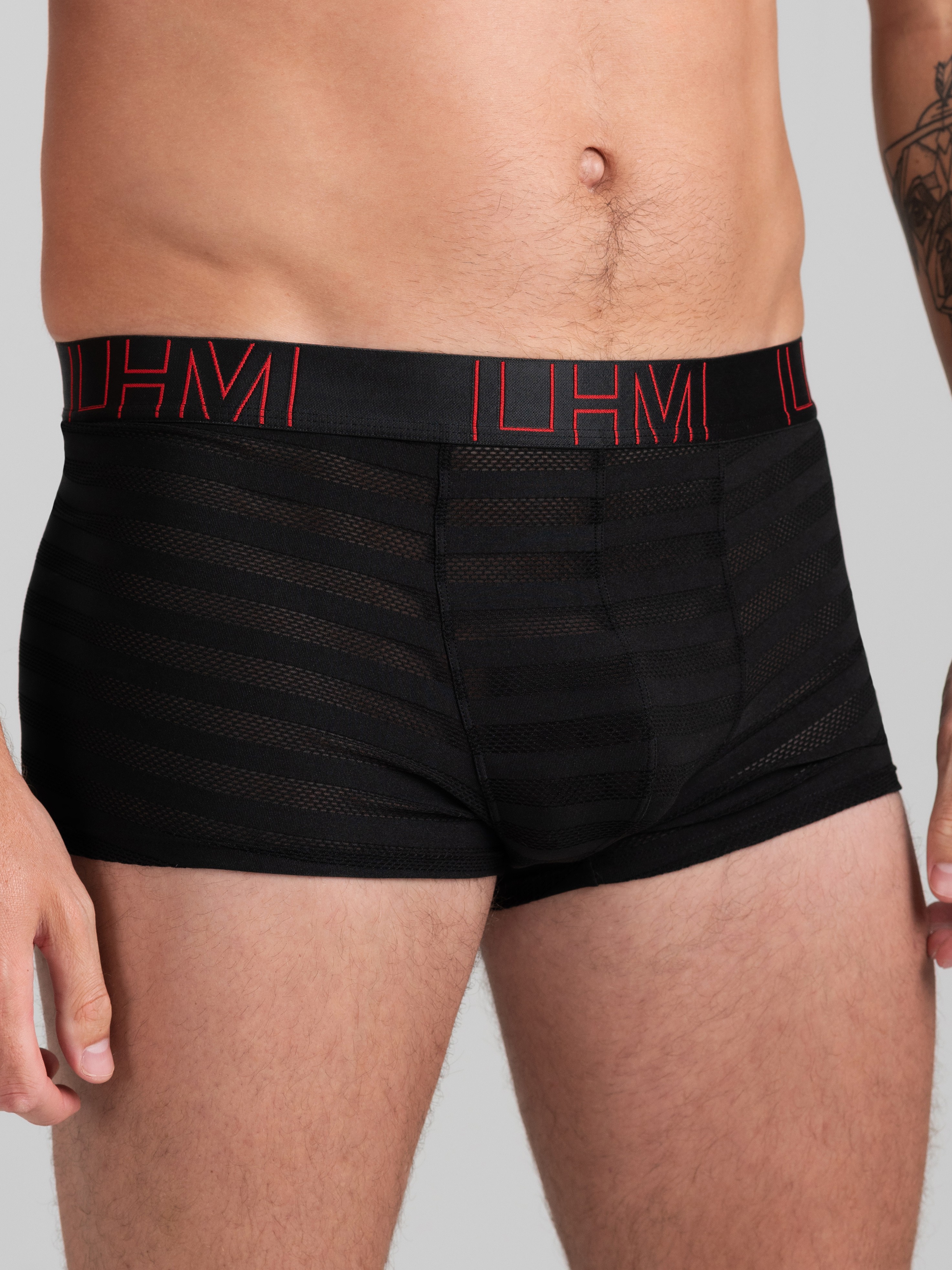 LHM Black Fishnet Stripe Mesh Boxer Shorts, Black, hi-res