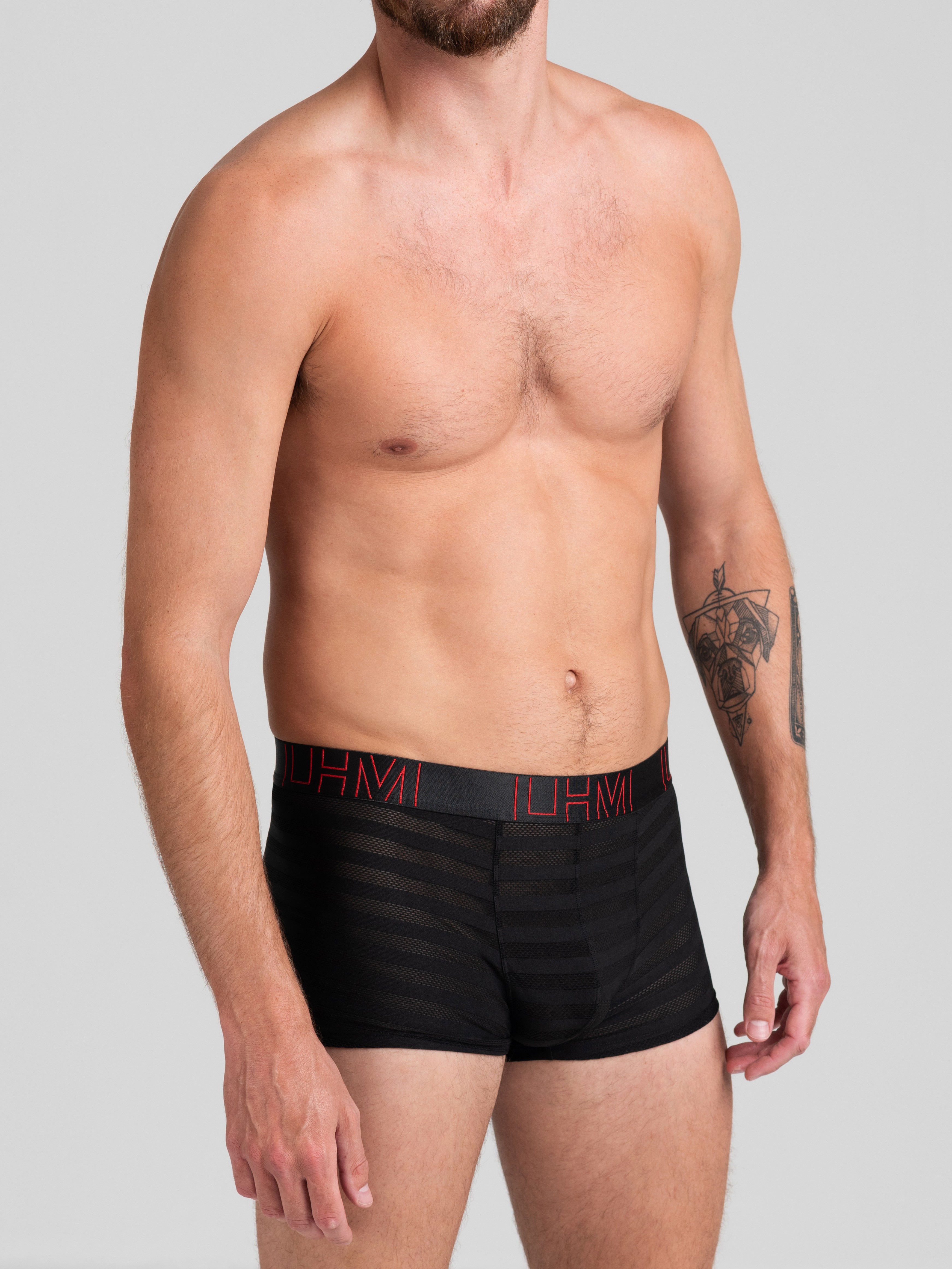 LHM Black Fishnet Stripe Mesh Boxer Shorts, Black, hi-res