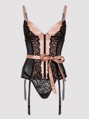 Lovehoney Pearl Faux Leather and Lace Basque Set, Black, hi-res