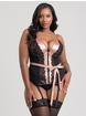 Lovehoney Pearl Faux Leather and Lace Basque Set, Black, hi-res