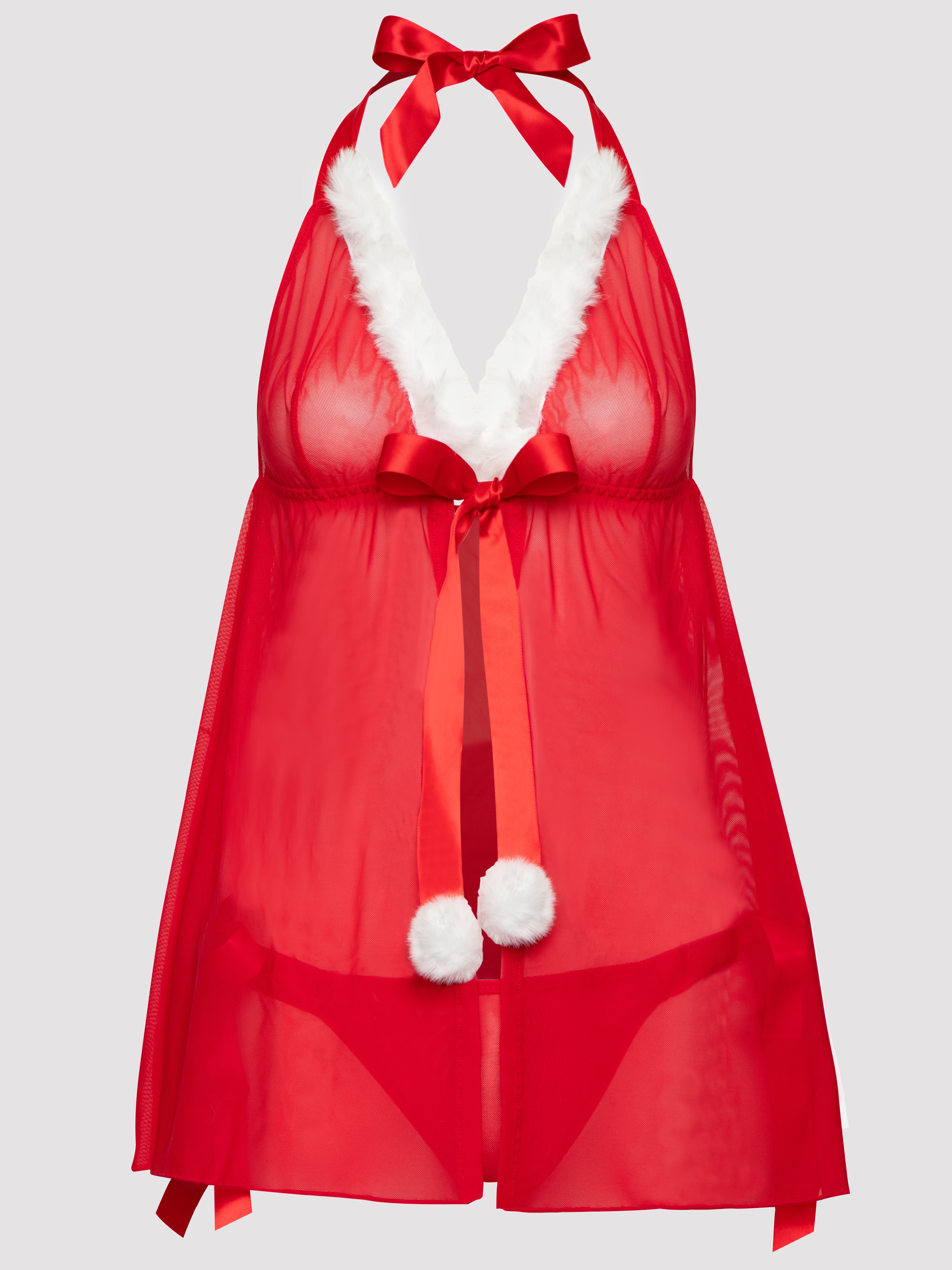 Lovehoney Holiday Pom-Pom Red Sheer Babydoll Set, Red, hi-res