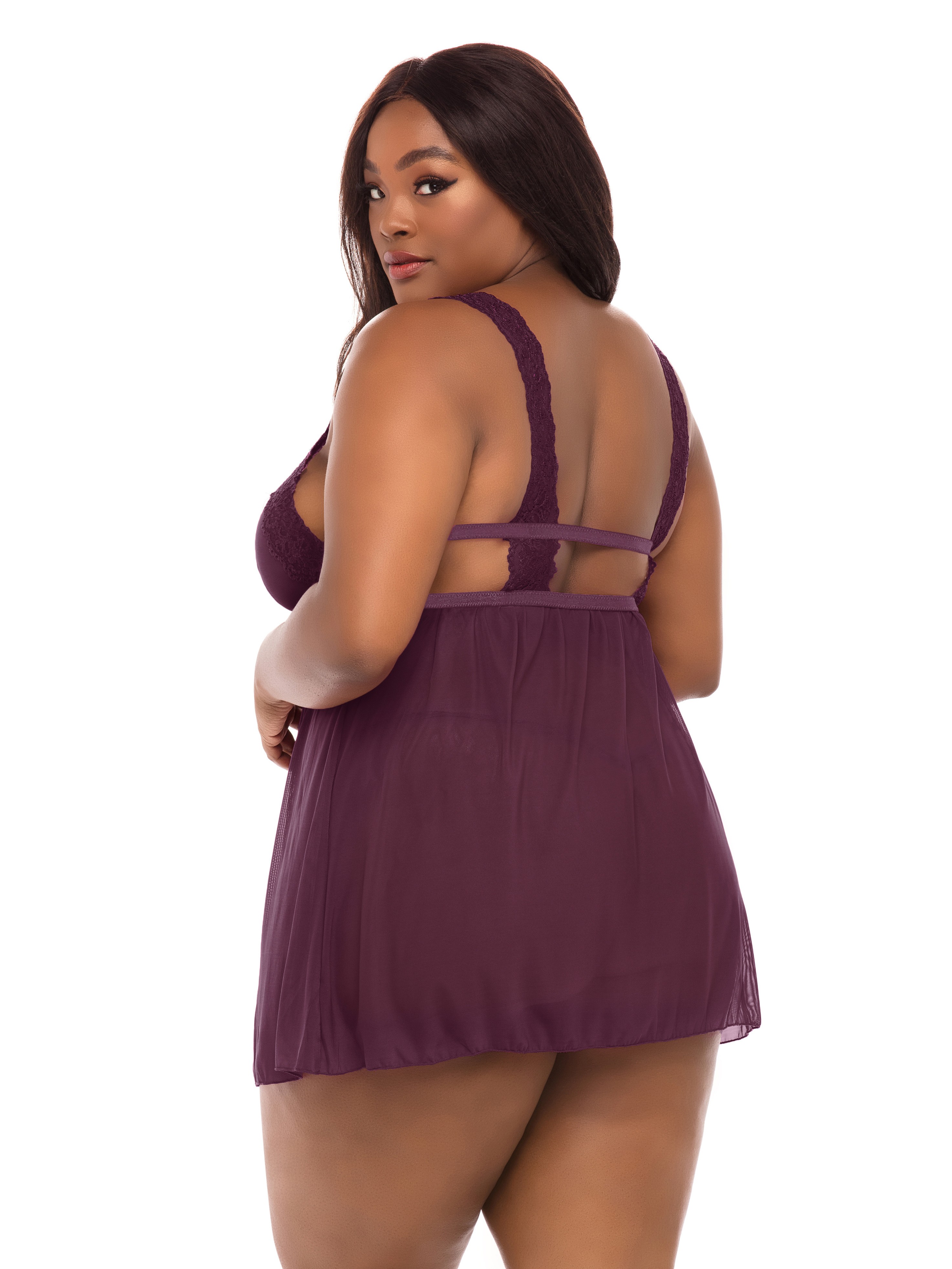 Oh La La Cheri Plus Size Black Lace and Mesh Babydoll Set , Purple, hi-res