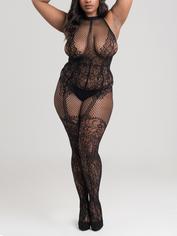 Lovehoney Lace and Fishnet Crotchless Basque Bodystocking, Black, hi-res