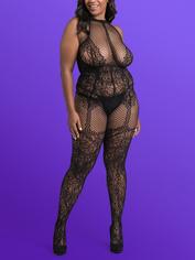 Lovehoney Lace and Fishnet Crotchless Basque Bodystocking, Black, hi-res