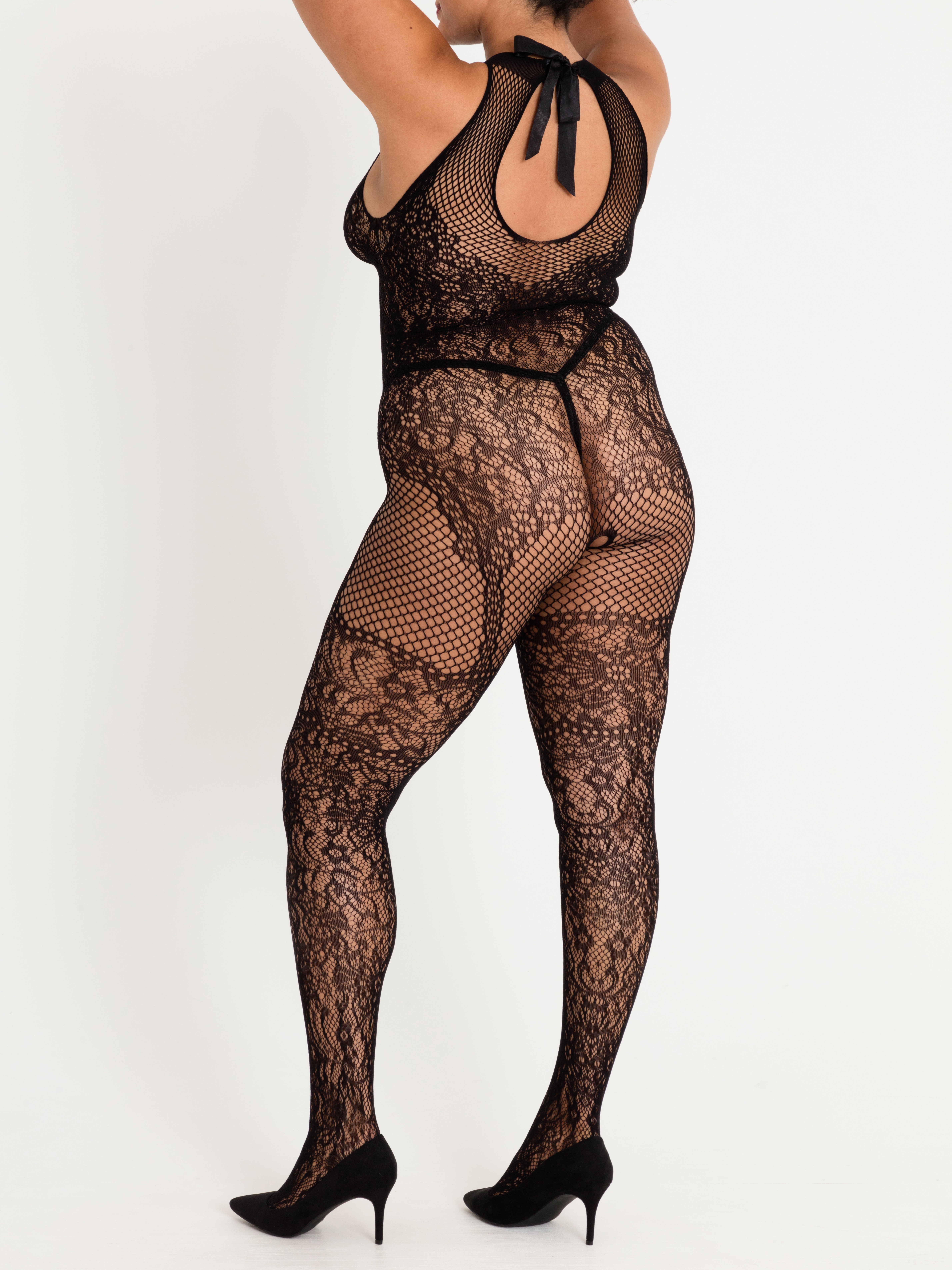 Lovehoney Lace and Fishnet Crotchless Basque Bodystocking, Black, hi-res