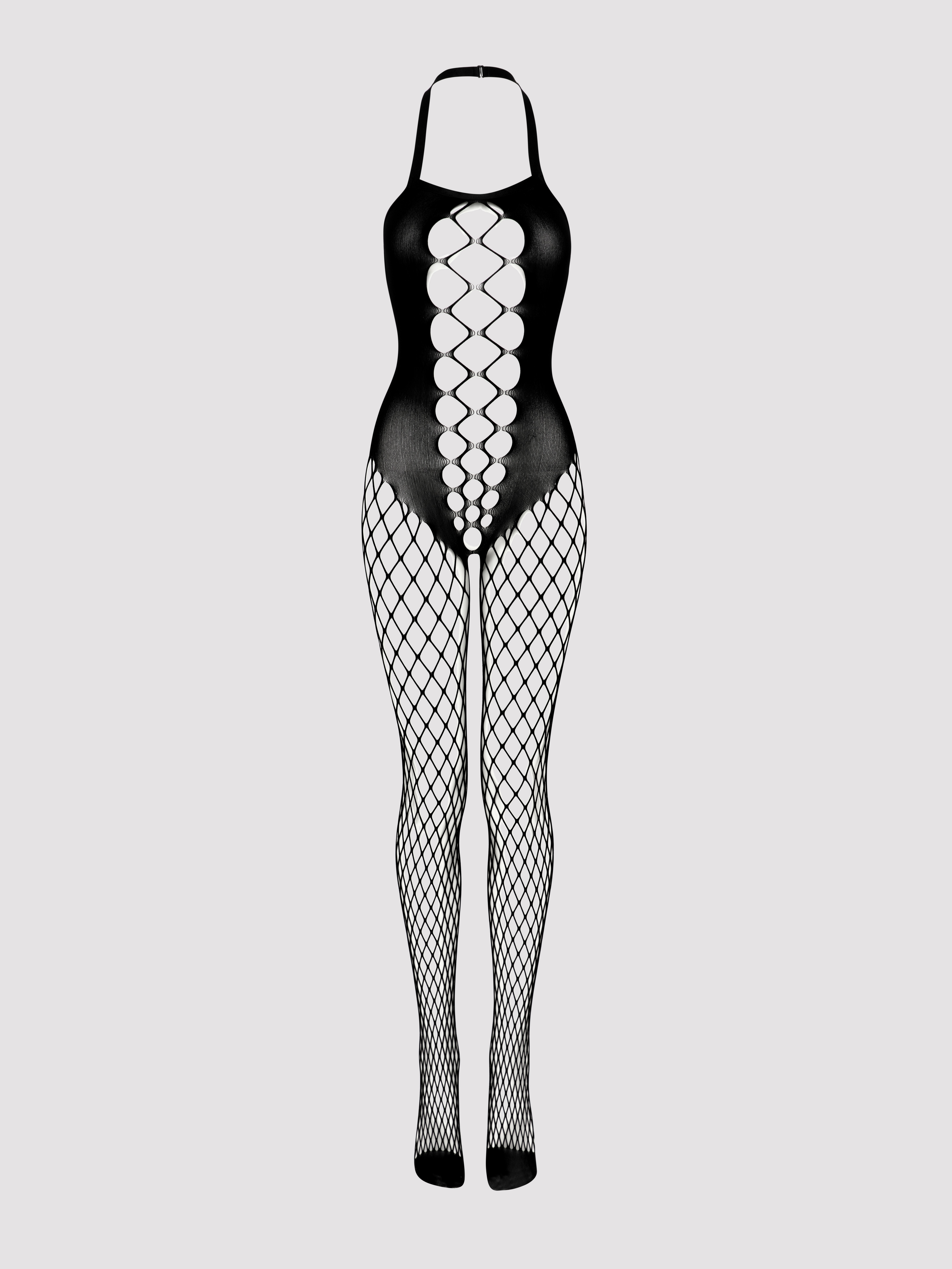 Image of Lovehoney Fishnet Criss-Cross Cut-Out Crotchless Bodystocking - One size - Black