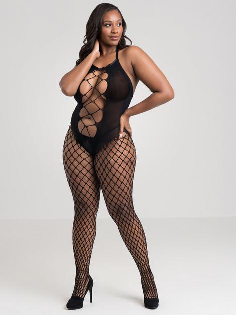 Lovehoney Fishnet Criss-Cross Cut-Out Crotchless Bodystocking, Black, hi-res