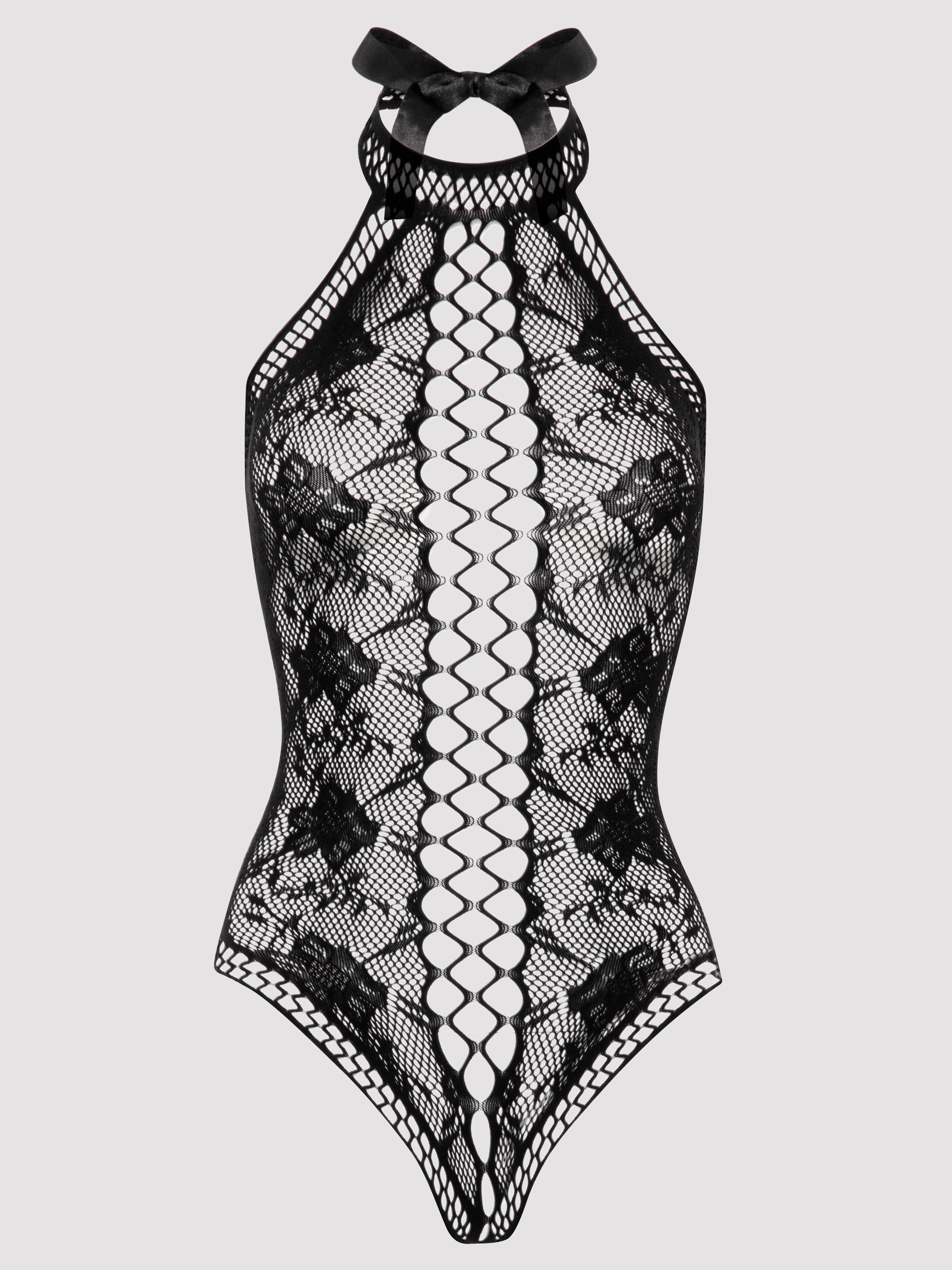 Lovehoney Black Lace and Fishnet Thong Teddy, Black, hi-res