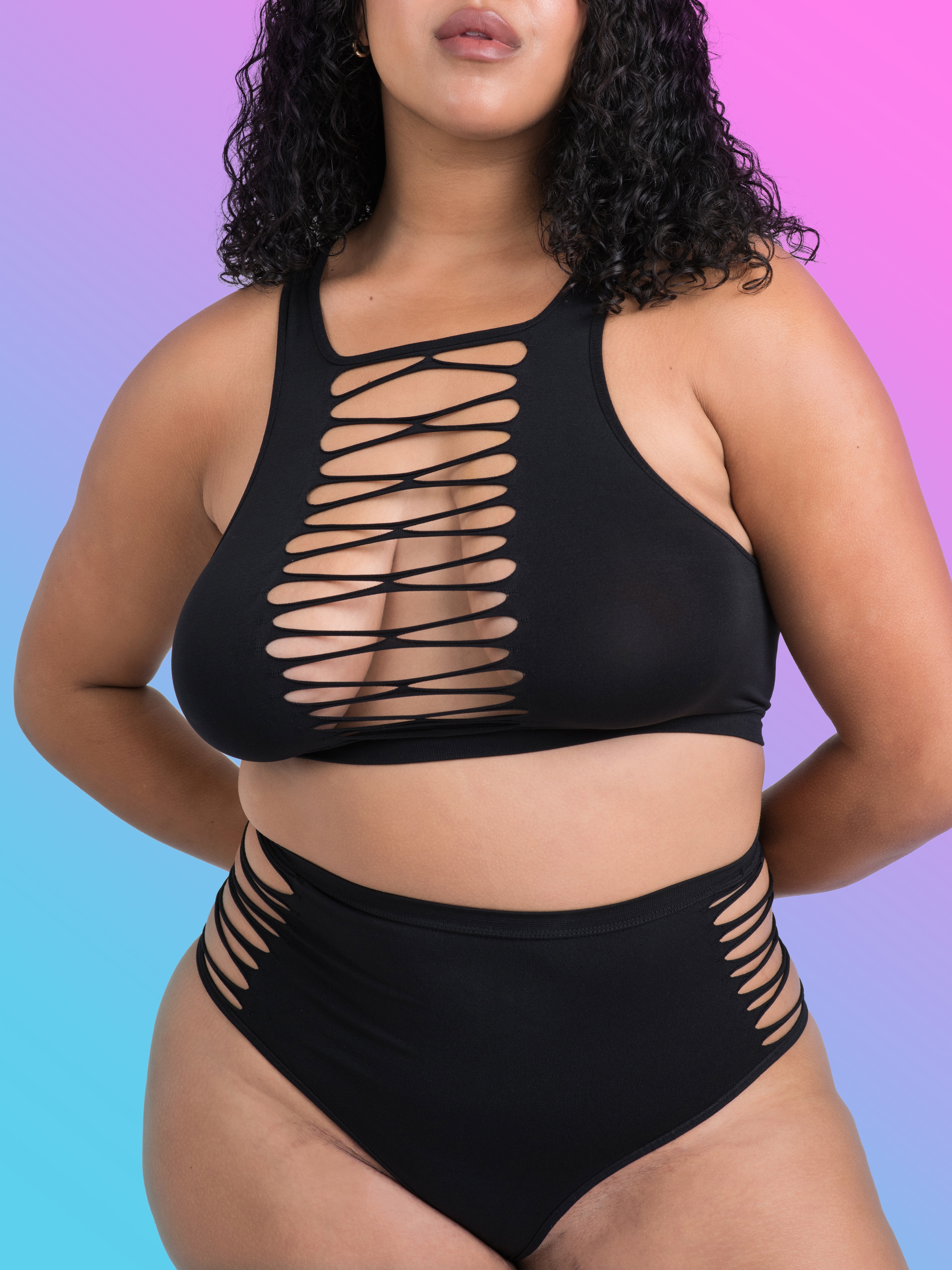 Lovehoney Plus Size Black Criss-Cross Bra Set, Black, hi-res