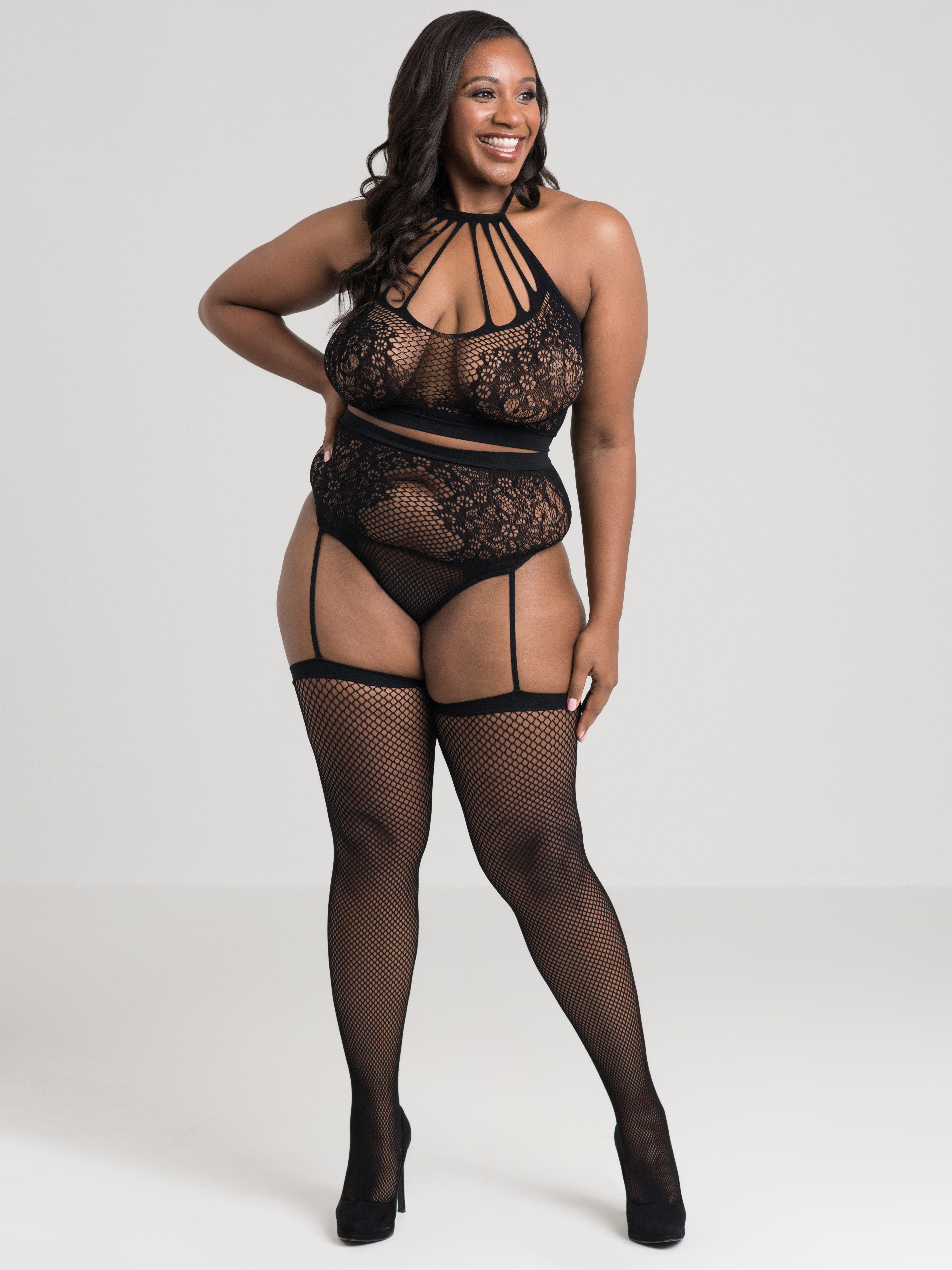 Lovehoney Plus Size Lace and Fishnet Halterneck Bra Set , Black, hi-res