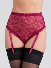 Lovehoney Black High-Waisted Criss-Cross Lace Suspender Thong, Red, hi-res