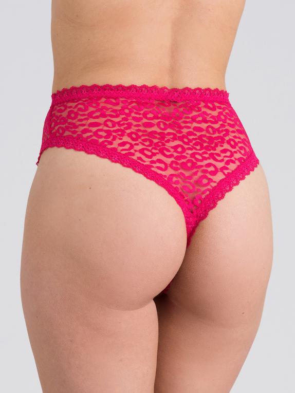 Lovehoney Black High-Waisted Leopard Lace Thong, Pink, hi-res