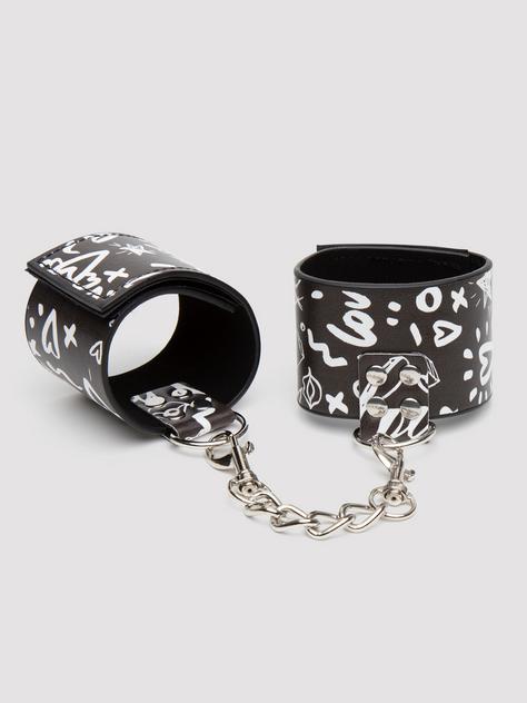 Ouch! Street Art Printed Leather Handcuffs , Black, hi-res