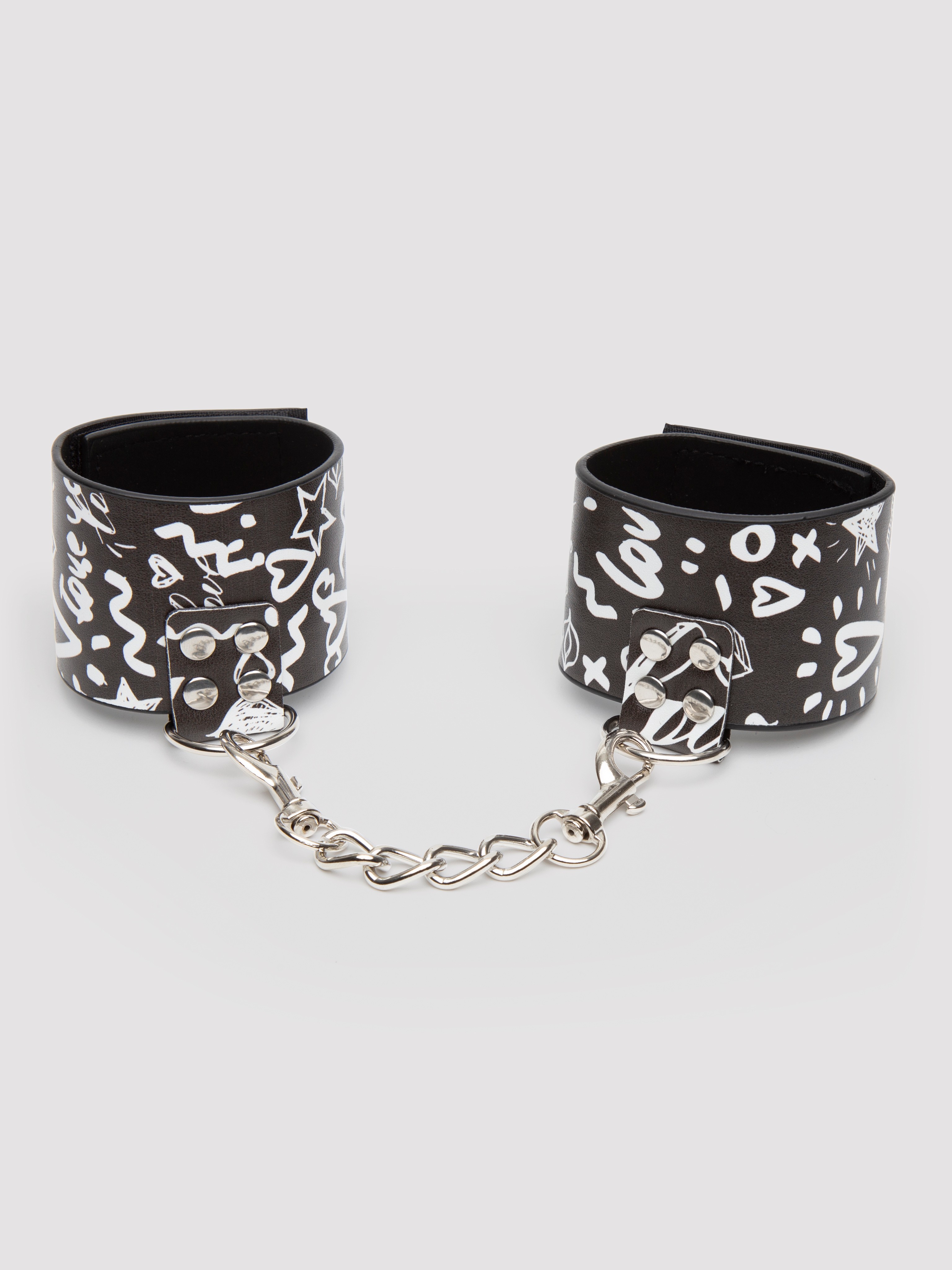Ouch! Street Art Printed Leather Handcuffs , Black, hi-res