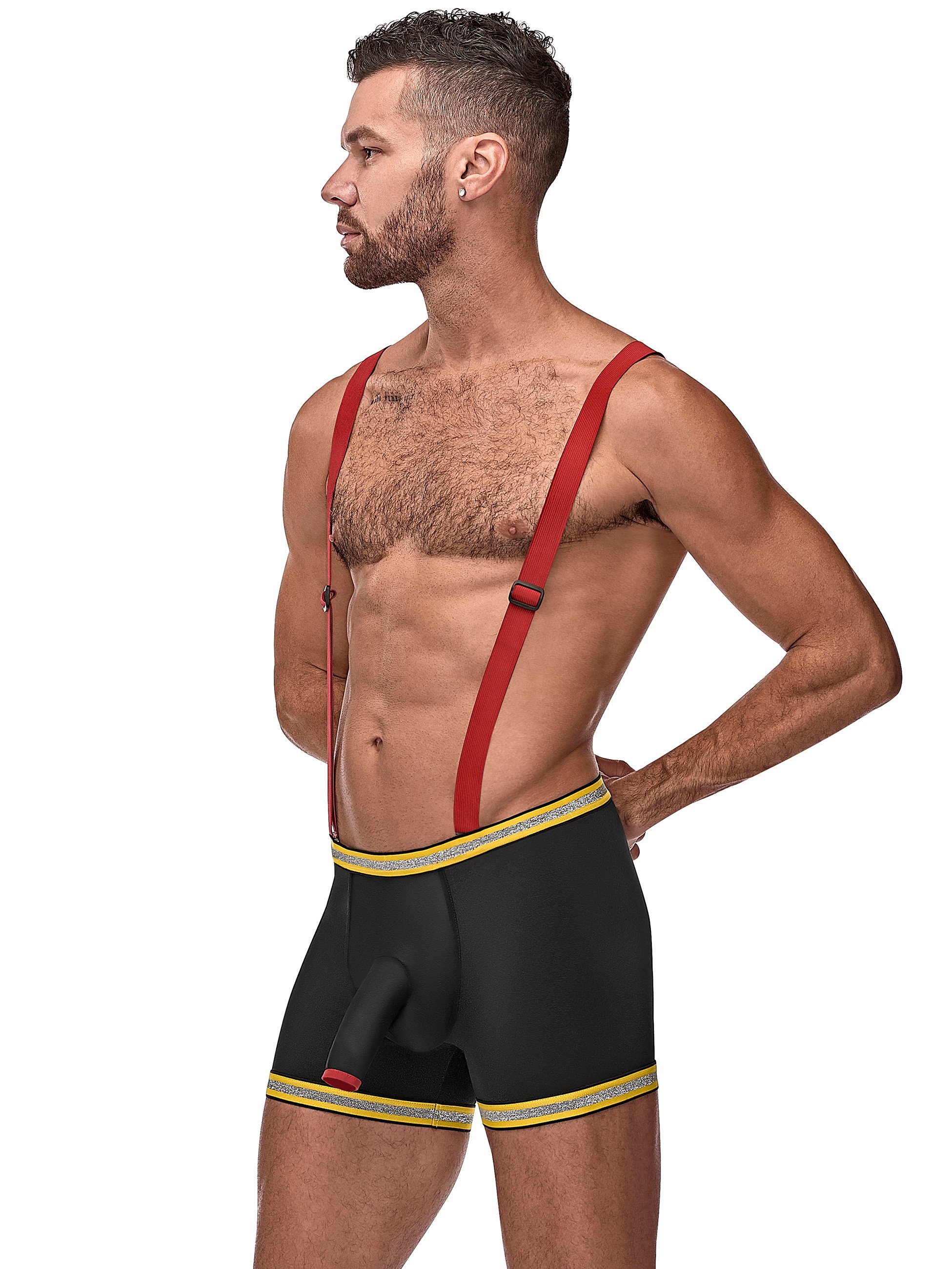 Male Power Hose Me Down Fireman Boxers and Braces , Black, hi-res