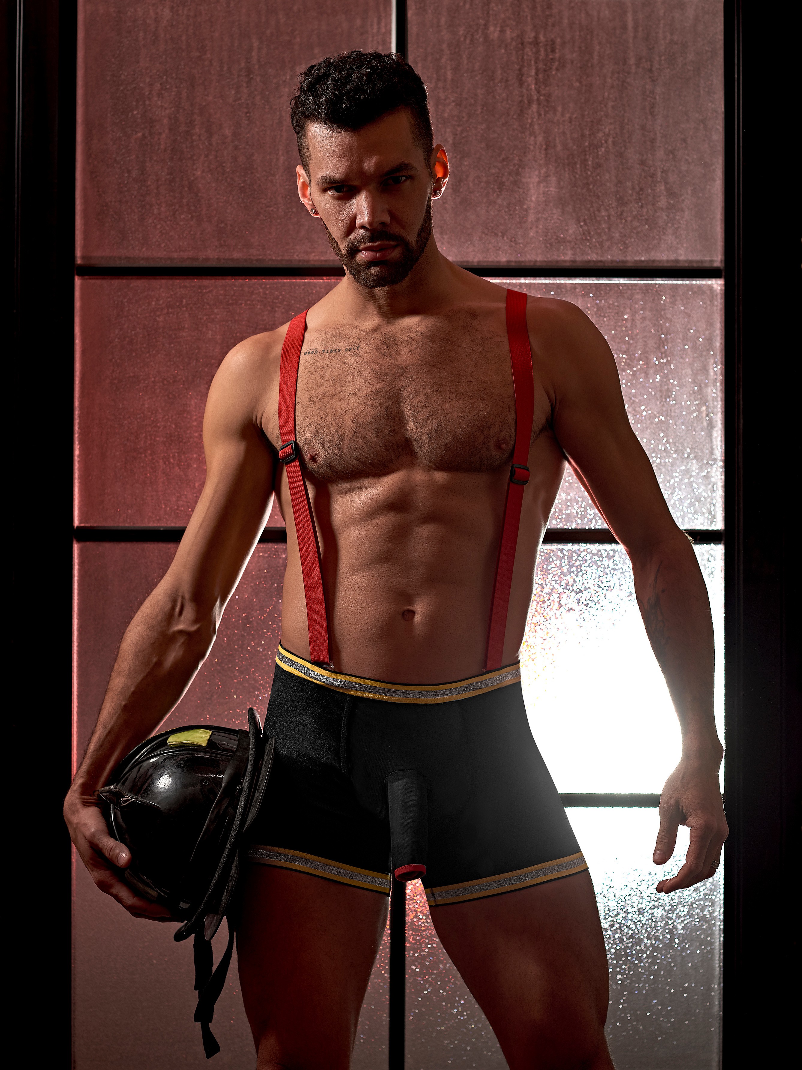 Male Power Hose Me Down Fireman Boxers and Braces , Black, hi-res
