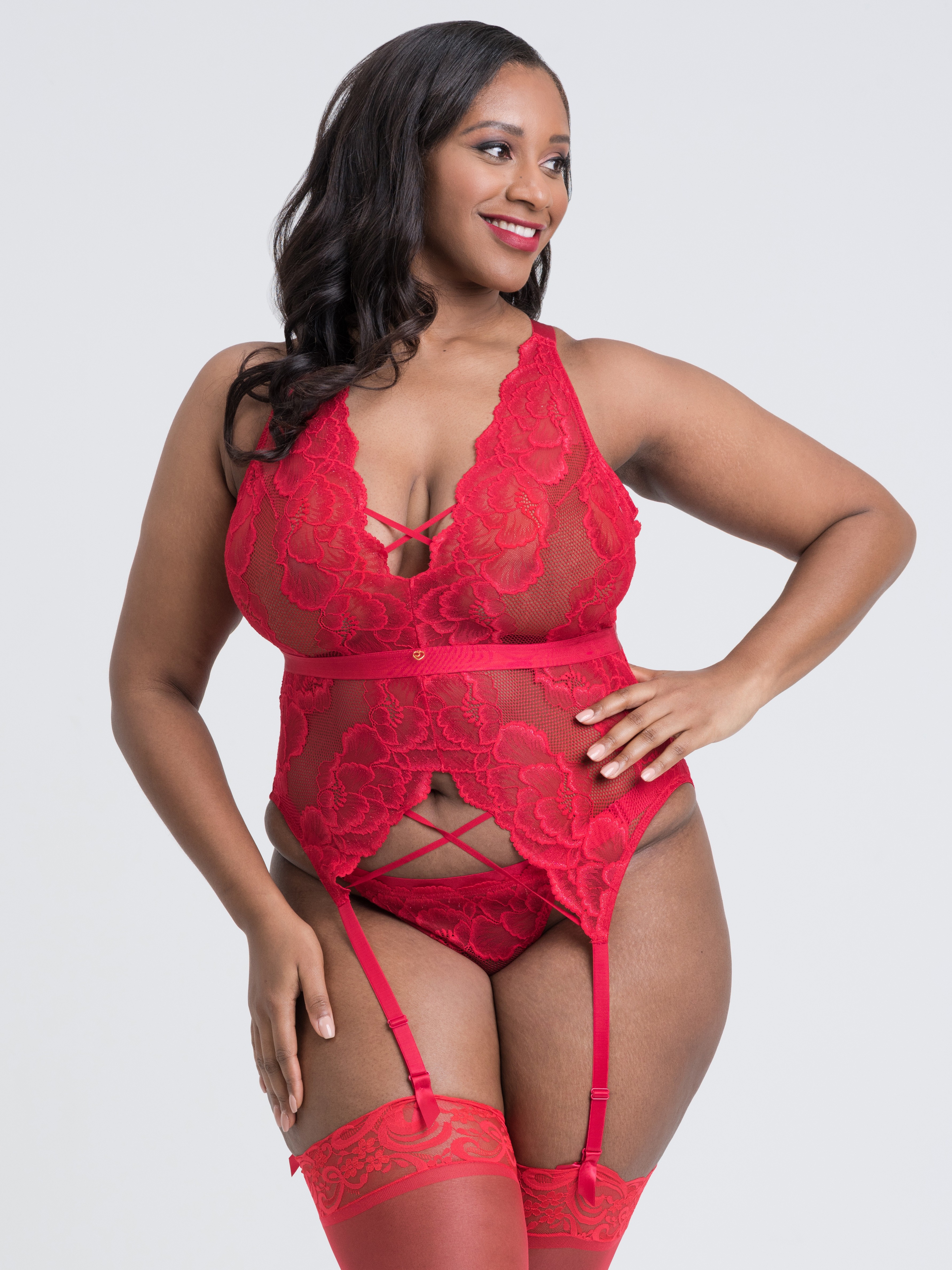 Lovehoney Beau Red Lace Basque Set, Red, hi-res