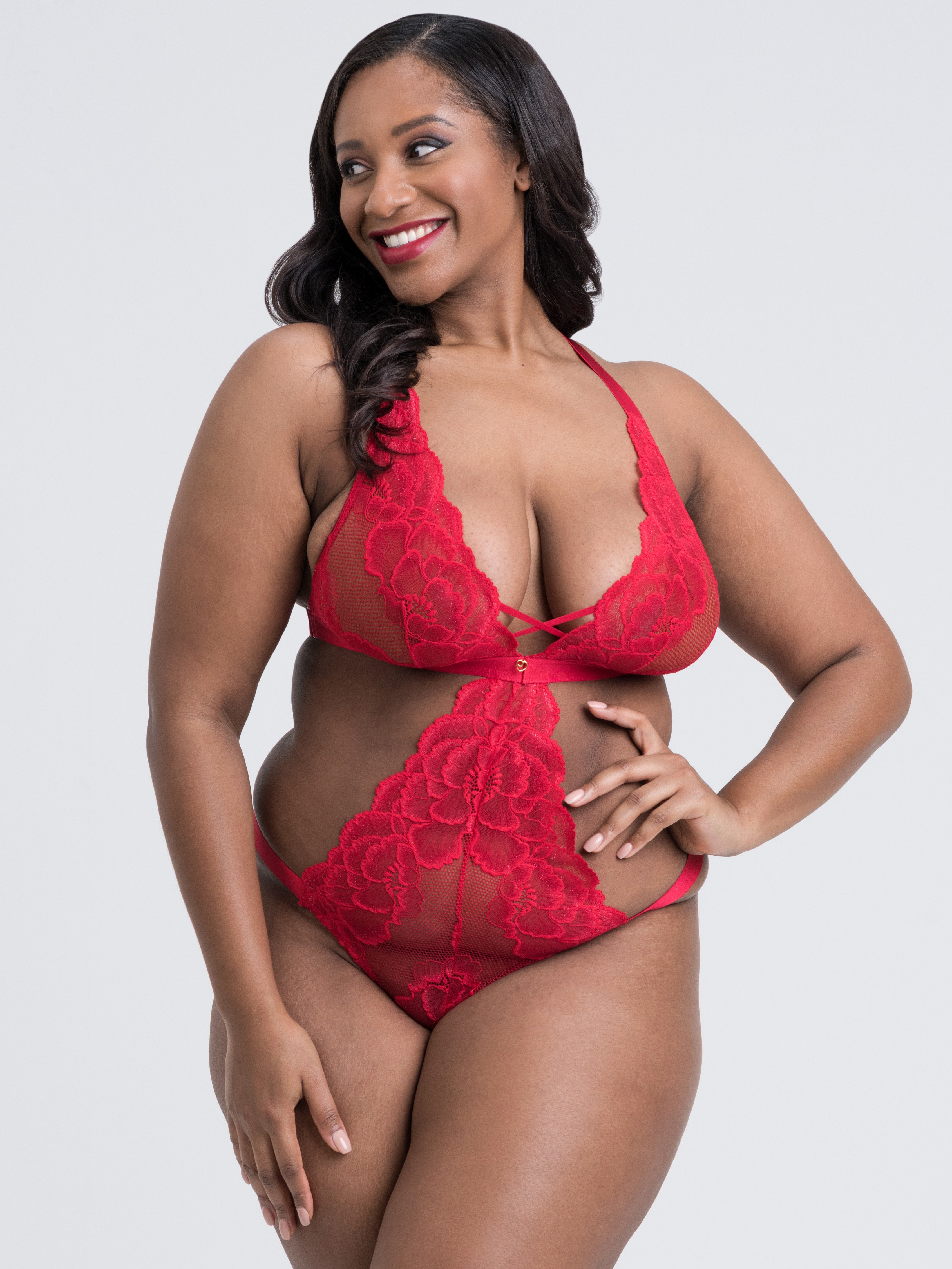 Lovehoney Beau Red Lace Cut-Out Teddy, Red, hi-res