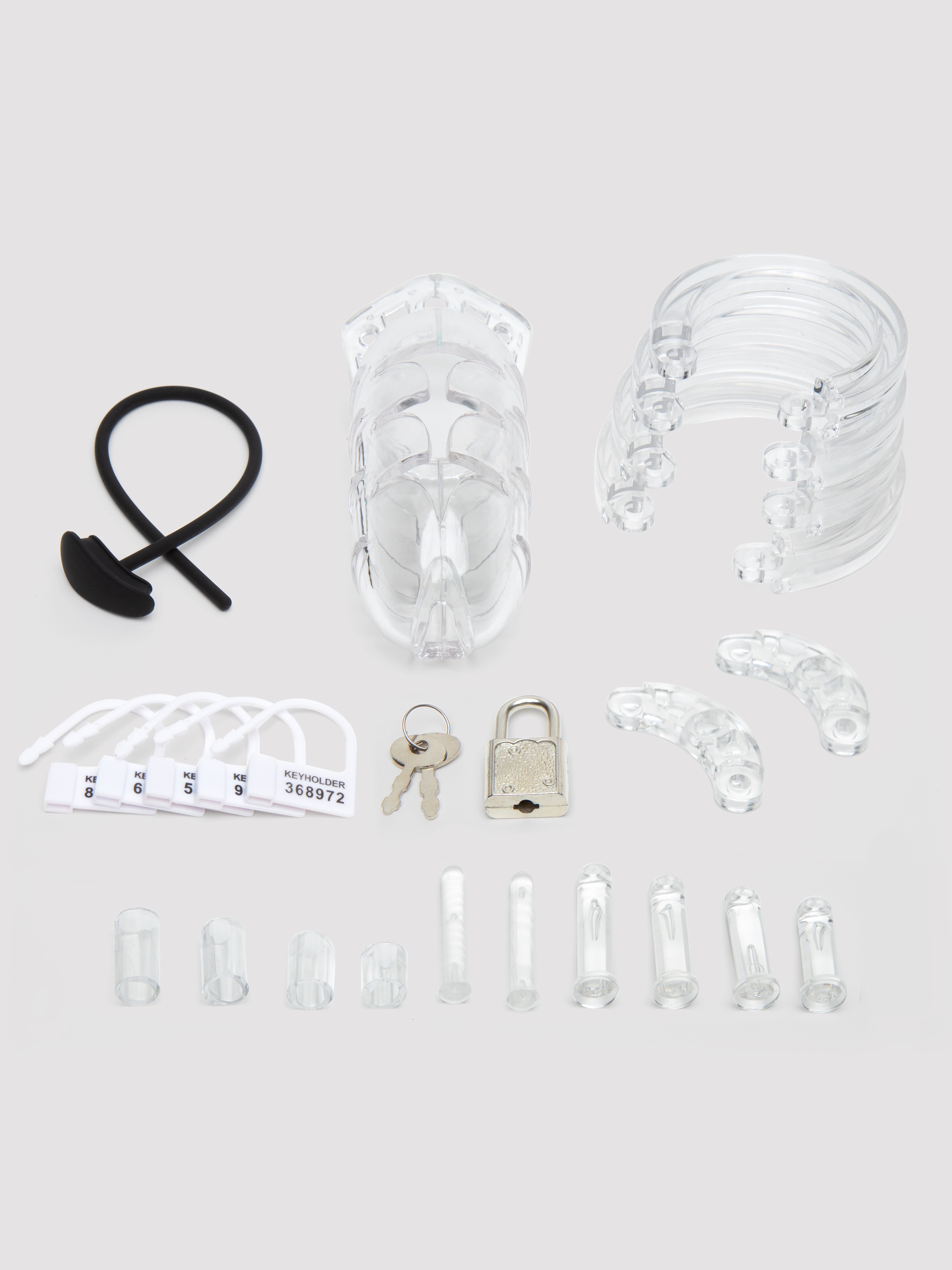 Man Cage Medium Chastity Cage with Silicone Urethral Sound, Clear, hi-res