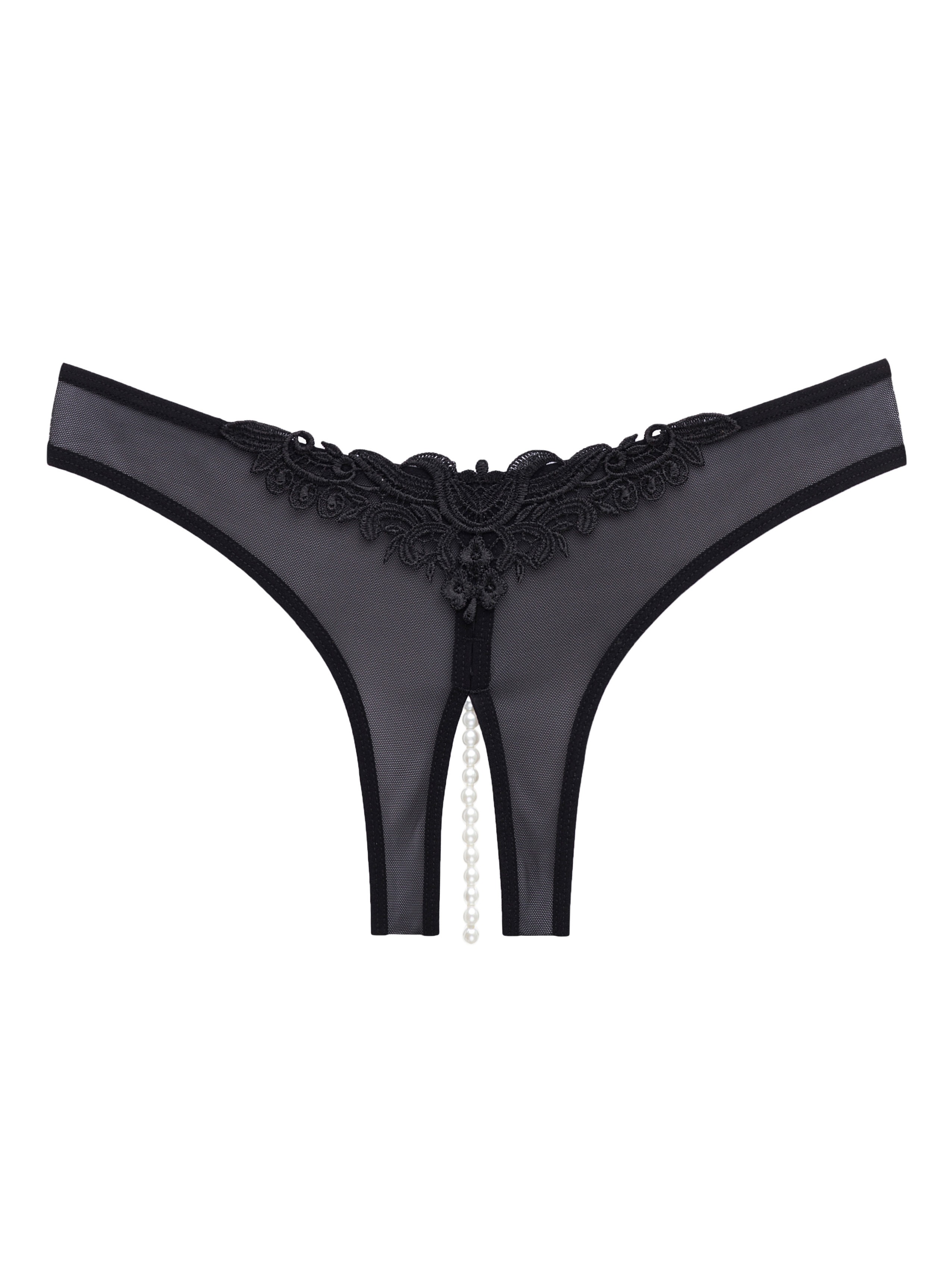 Oh La La Cheri Black Crotchless Pearl Thong, Black, vanilla