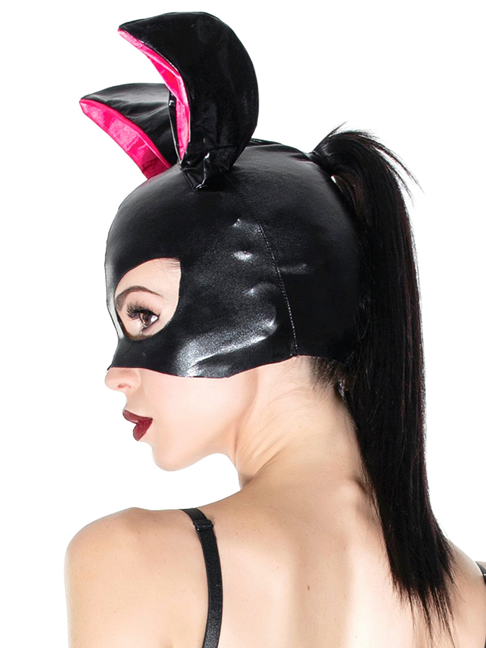 Coquette Wet Look Bunny Mask and Gloves Set , Black, hi-res