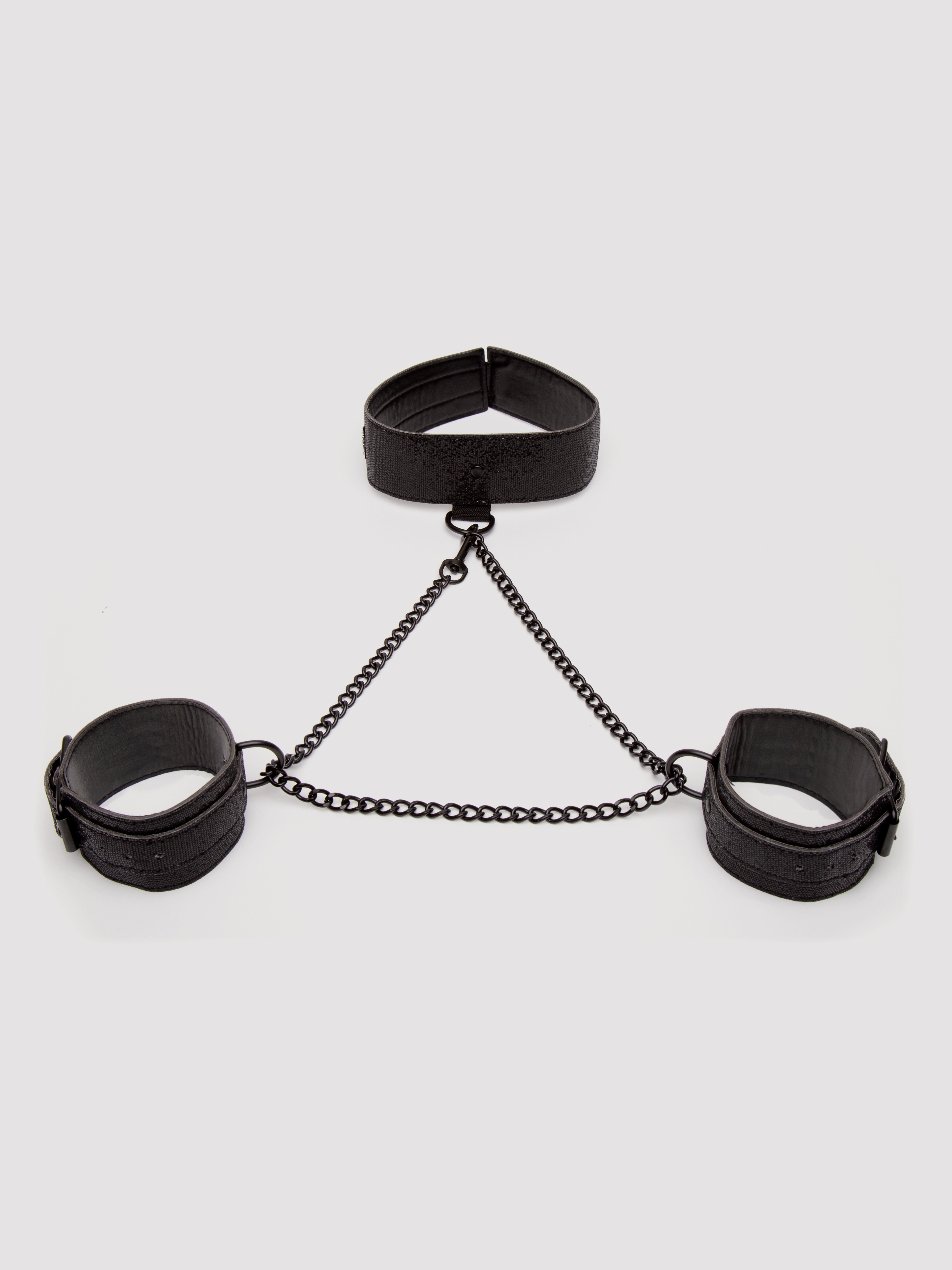 Sex & Mischief Sparkly Faux Leather Collar and Wrist Cuffs Set, Black, hi-res