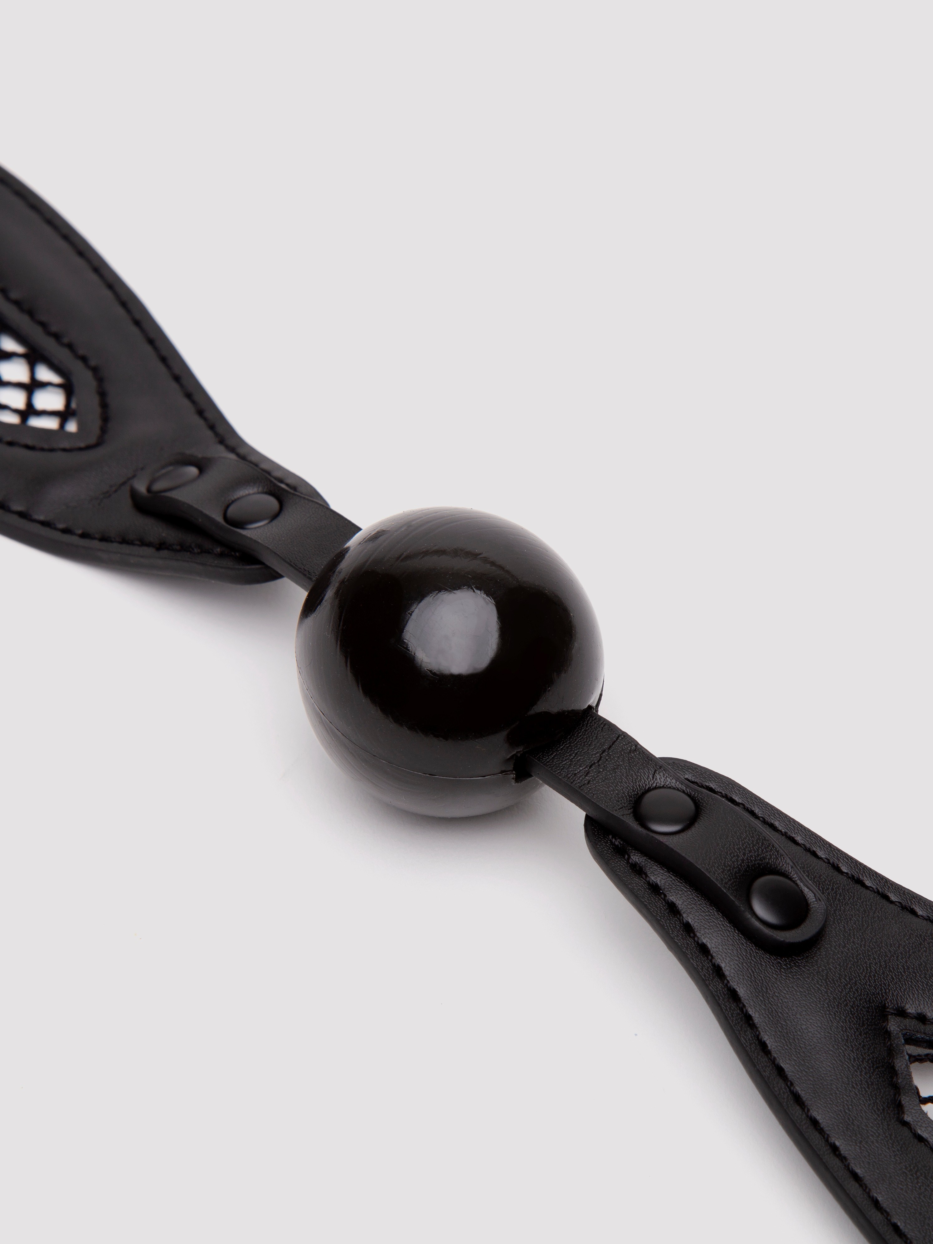 Sex & Mischief Faux Leather and Fishnet Ball Gag, Black, hi-res