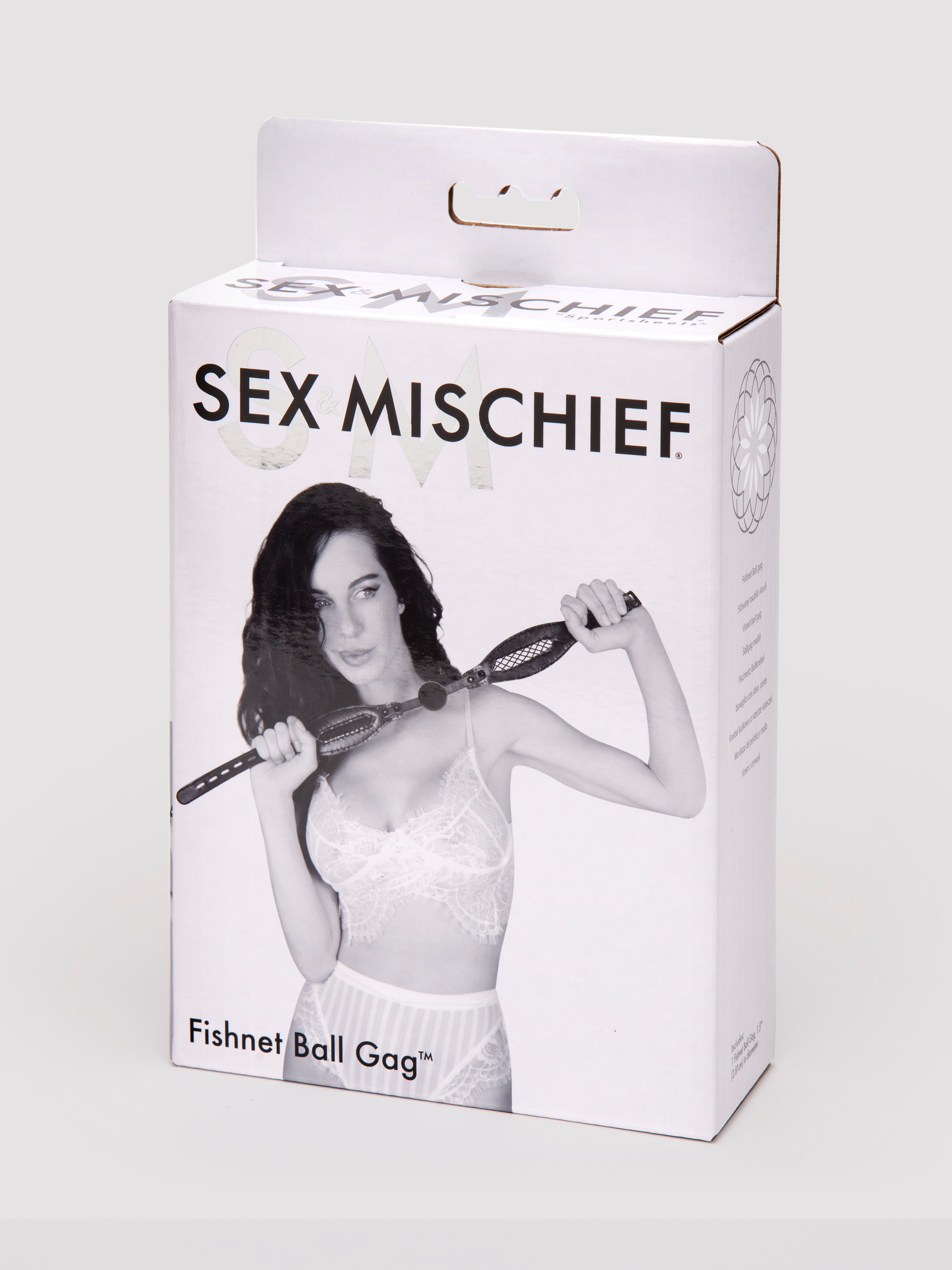 Sex & Mischief Faux Leather and Fishnet Ball Gag, Black, hi-res
