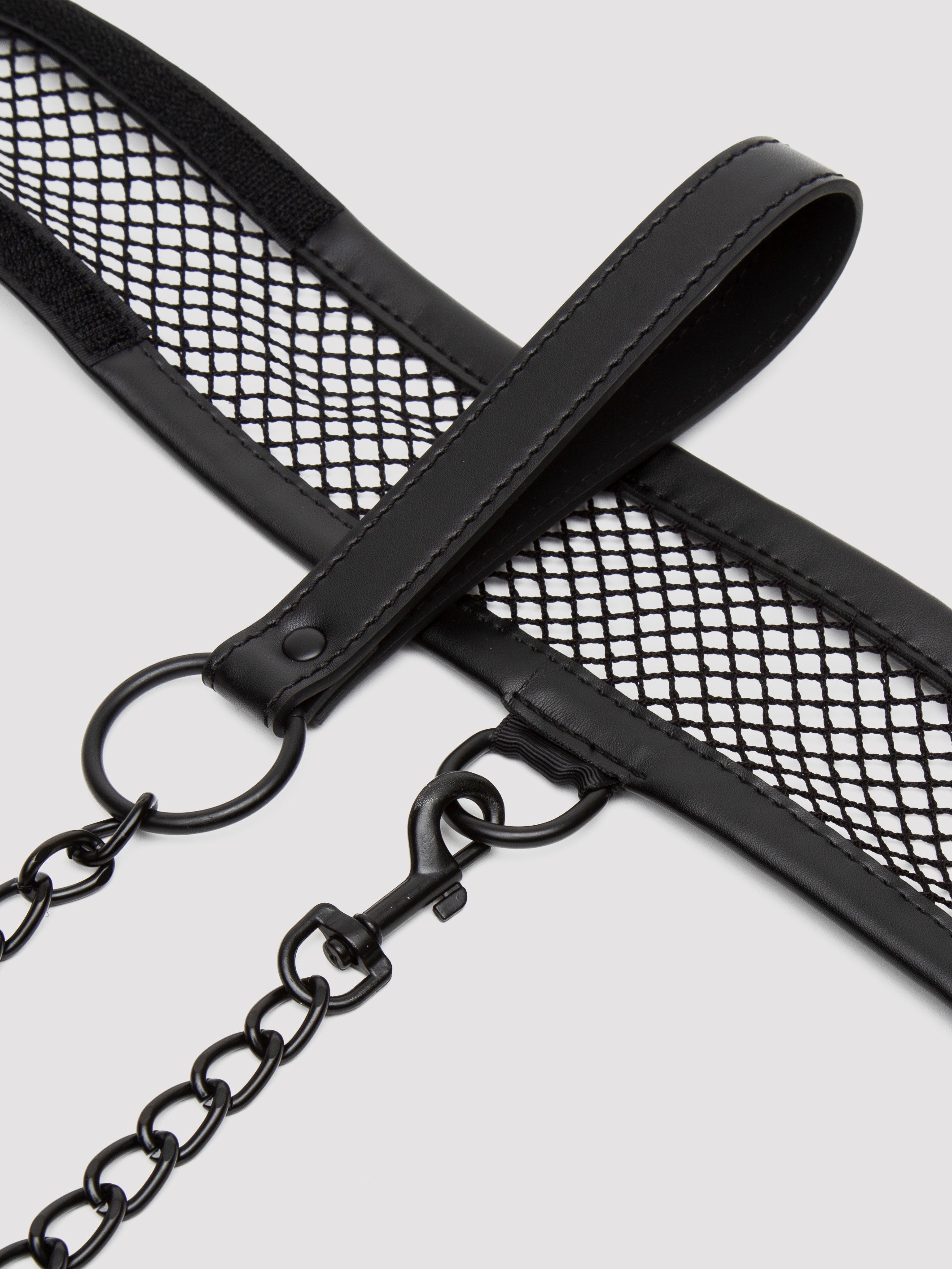 Sex & Mischief Faux Leather and Fishnet Collar with Lead, Black, hi-res