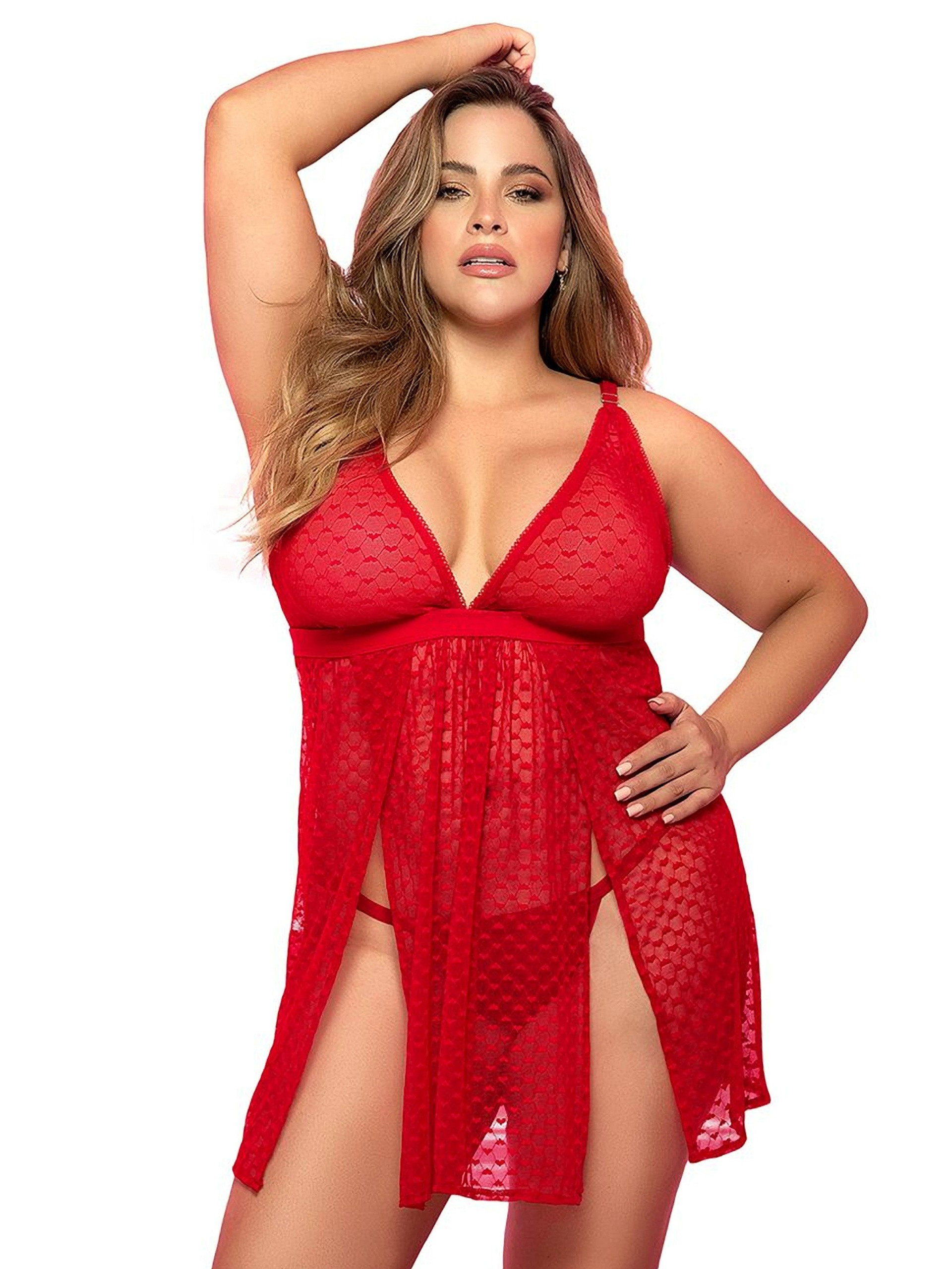 Mapale Red Lace Side Split Babydoll Set, Red, hi-res