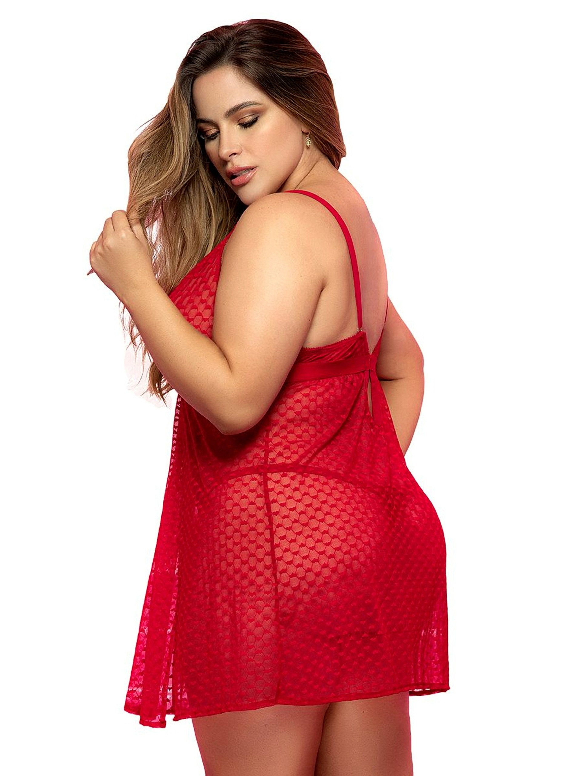 Mapale Red Lace Side Split Babydoll Set, Red, hi-res