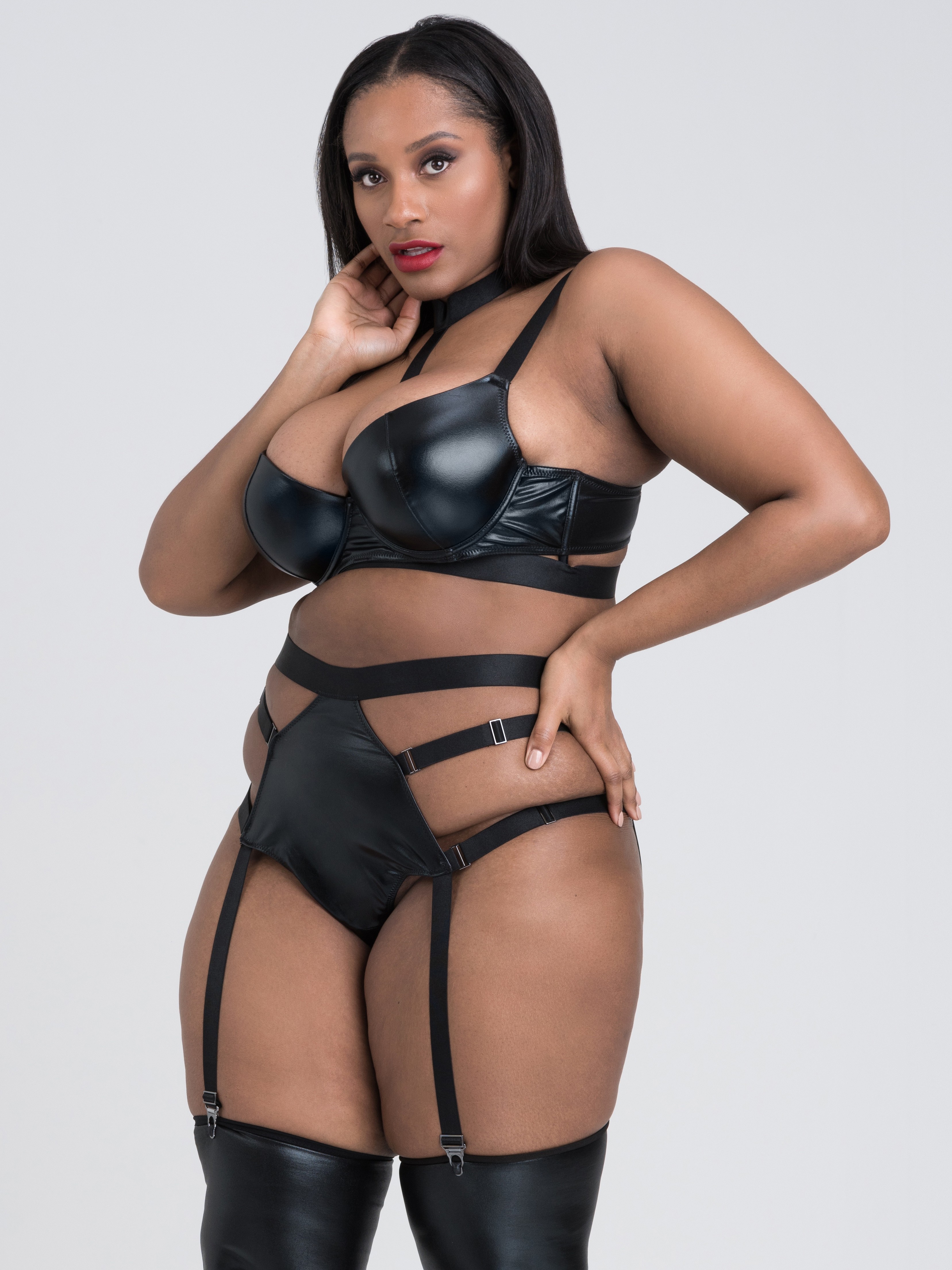 Lovehoney Plus Size Fierce Caged Desire Wet Look Bra Set, Black, hi-res