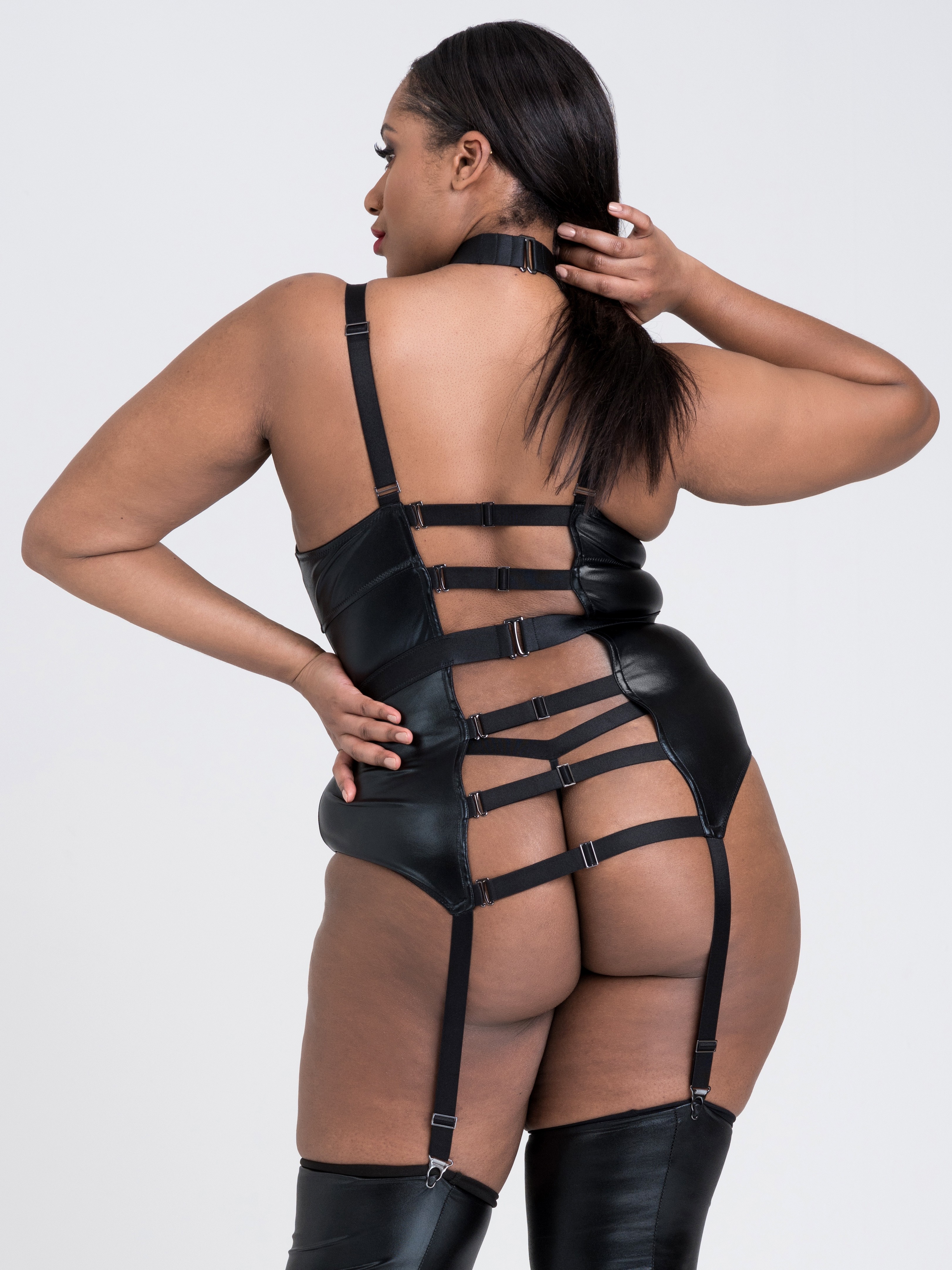 Lovehoney Fierce Caged Desire Wet Look Basque Set, Black, hi-res