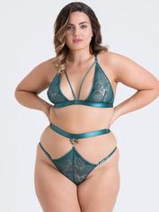 Lovehoney Plus Size Moonflower Emerald Green Lace Strappy Bra Set, Green, hi-res