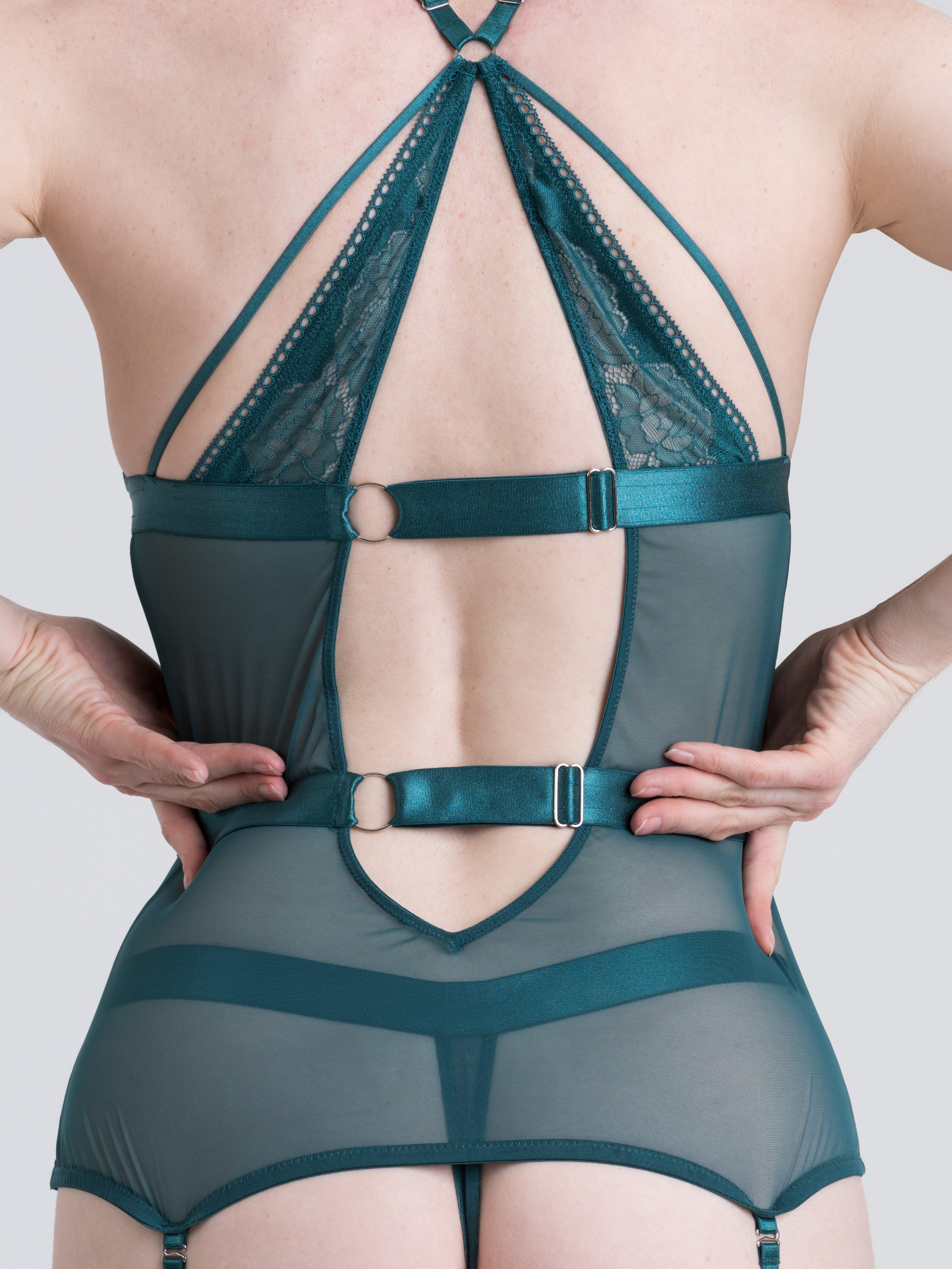 Lovehoney Moonflower Purple Lace Strappy Basque Set, Green, hi-res