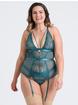 Lovehoney Plus Size Moonflower Emerald Green Lace Strappy Basque Set, Green, hi-res