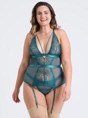 Lovehoney Plus Size Moonflower Emerald Green Lace Strappy Basque Set, Green, hi-res