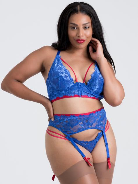 Lovehoney Plus Size Blue Belle Lace Front-Fastening Underwired Bra Set, Blue, hi-res