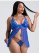 Lovehoney Plus Size Blue Belle Lace Front-Fastening Underwired Babydoll Set, Blue, hi-res