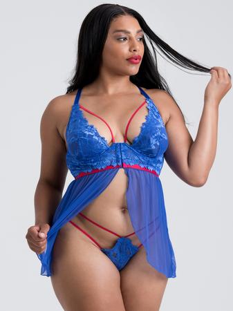 Lovehoney Plus Size Blue Belle Lace Front-Fastening Underwired Babydoll Set