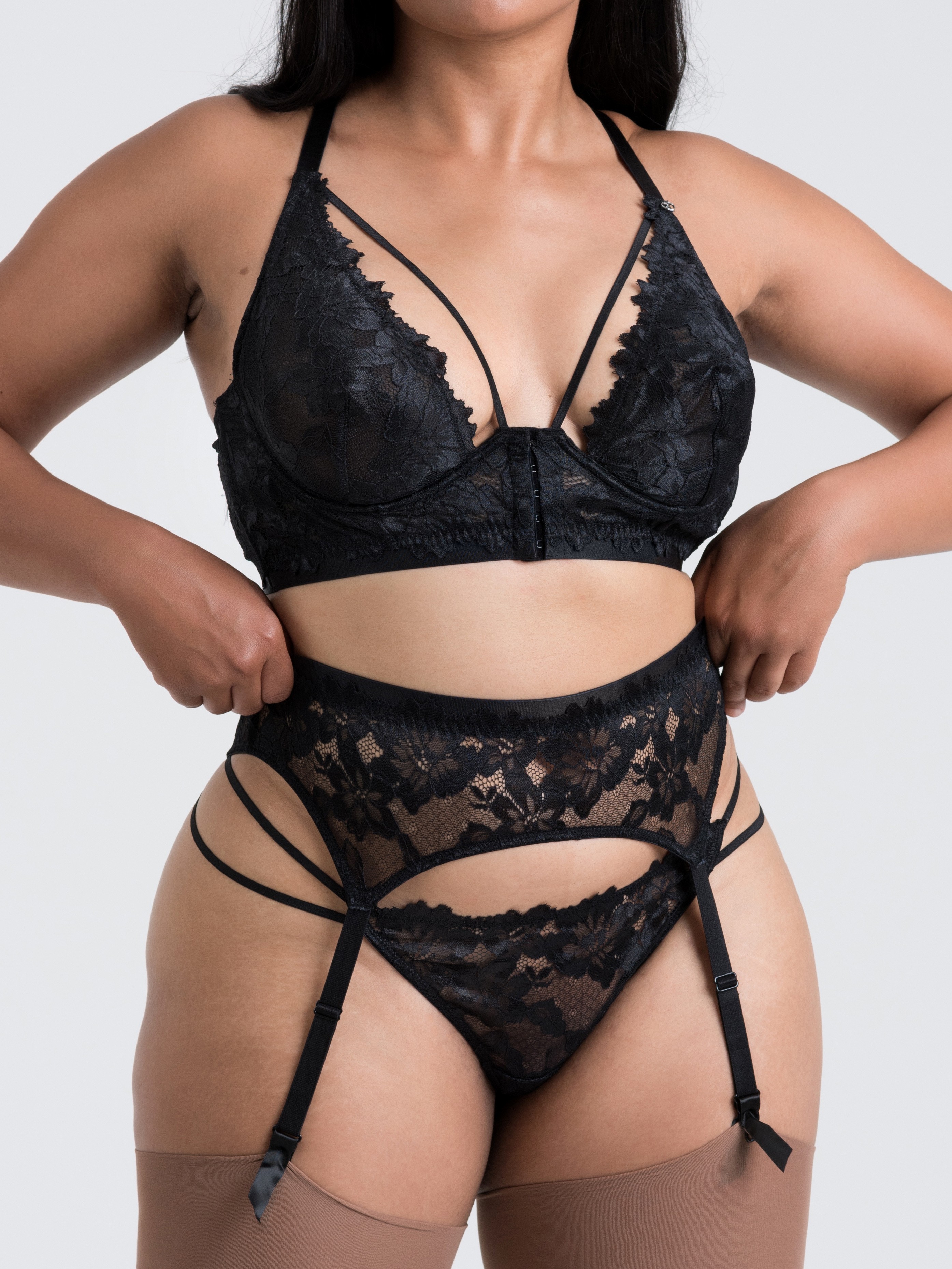 Lovehoney Blue Belle Lace Front-Fastening Underwired Bra Set, Black, hi-res